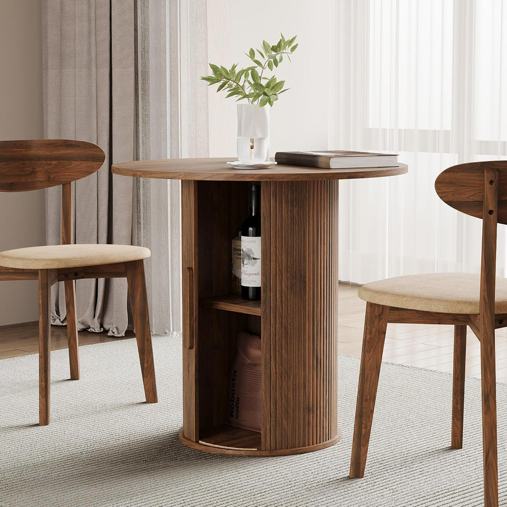 31.5' Round Dining Table for 2-4, Modern Farmhouse Kitchen Table with 2-Tier Storage Shelf, Small Wooden Circle Dining Tables with Fluted Base for Home Dining Room Living Room (Walnut)