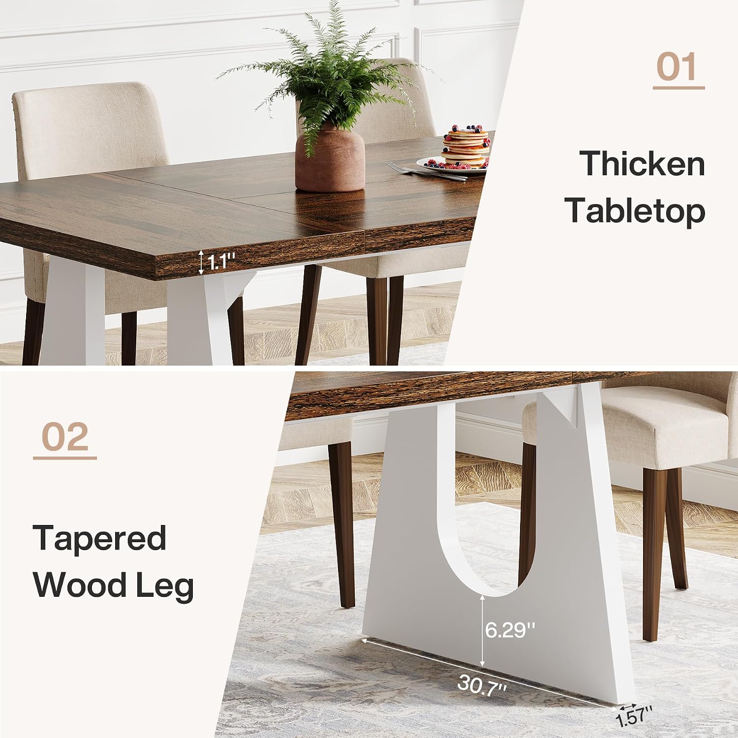 Tribesigns Large Dining Table for 6-8 People, 70.9' Wood Rustic Rectangular Table with White Wooden Legs, Farmhouse Center Kitchen Table for Dining Room, Living Room, Home Furniture (Brown & White)