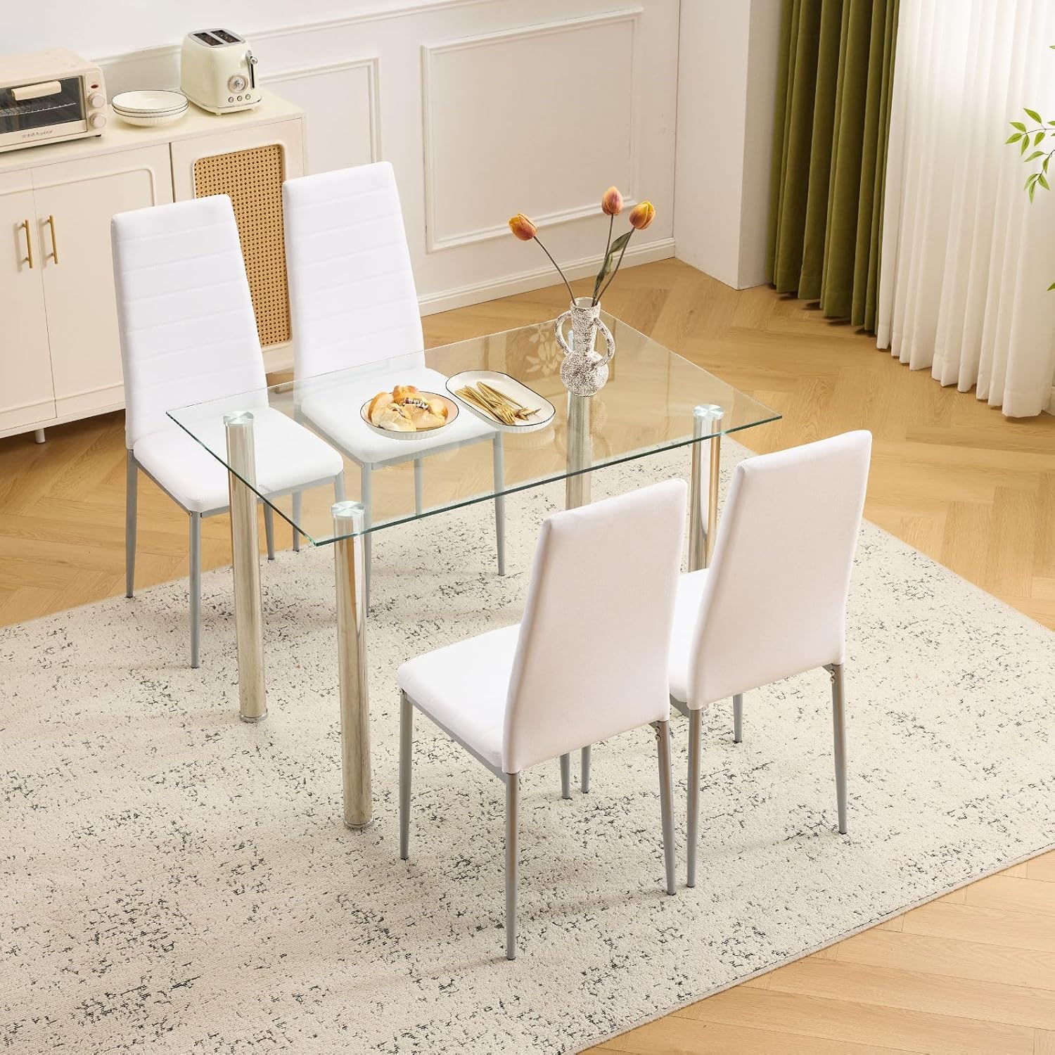 Karl home 5-Piece Dining Table Set with 1 Glass Dining Table and 4 Leather Chairs, Modern Silver Dining Table Set for Kitchen & Breakfast Dining Living Room, Space Saving