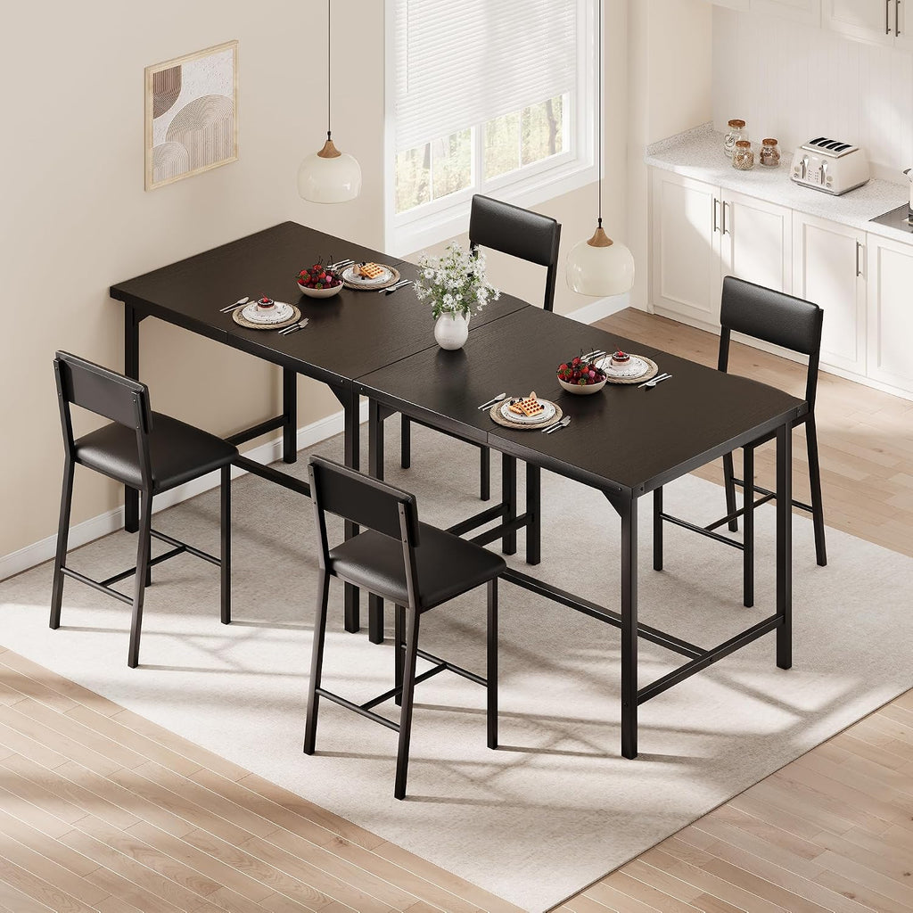 GarveeHome Dining Table Set for 2 with Corner Protector, Kitchen Table Set w/Footrest & Backrest, Counter Height Table with 2 Upholstered Bar Chairs, for Small Space, Retro Black