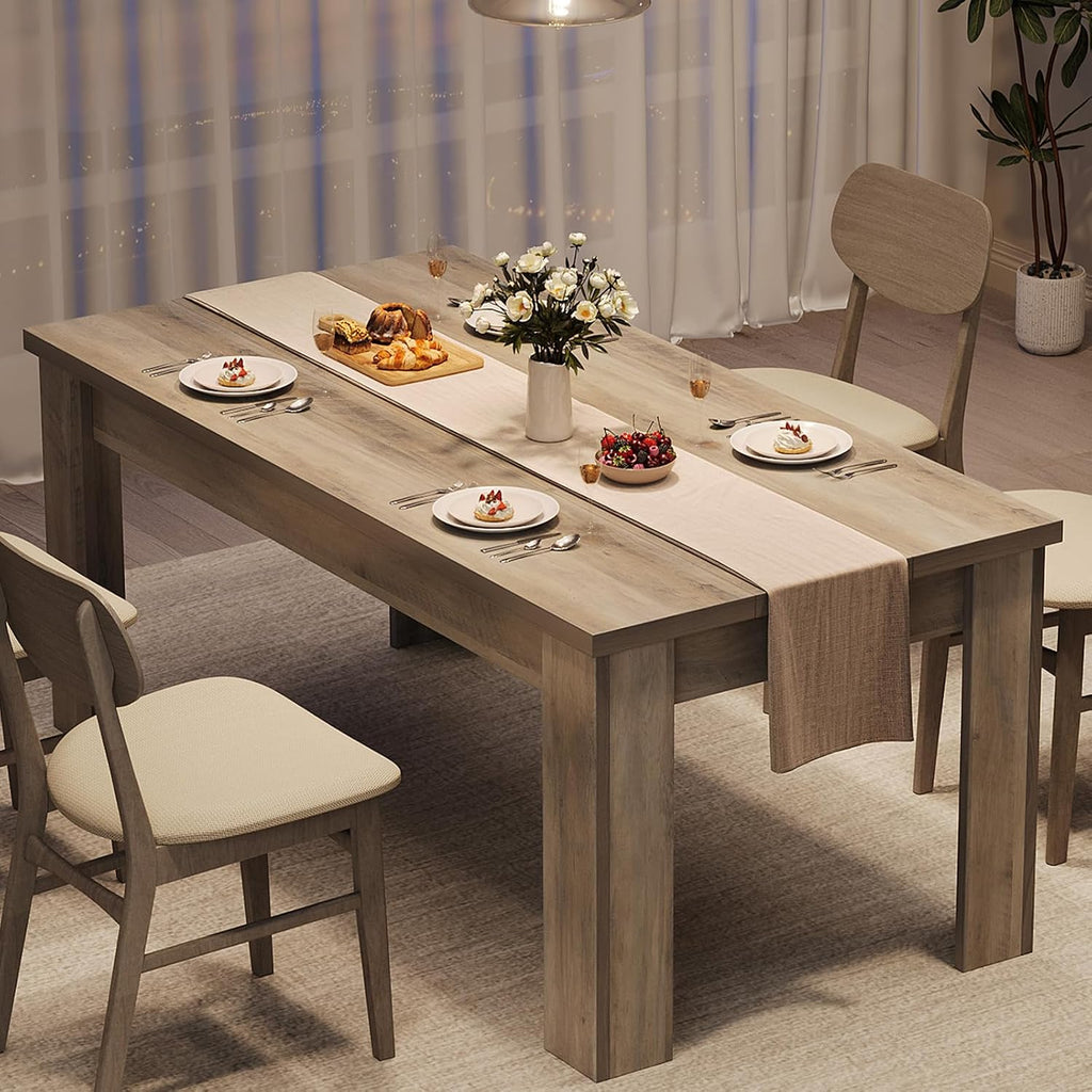 CABIHOME 63' Rectangular Dining Table for 4-6, Farmhouse Large Kitchen Table, Sturdy Frame, 4 Triangular Stable Legs, Thickened Tabletop, Ideal for Apartment, Dining Room, Small Space, Retro Gray