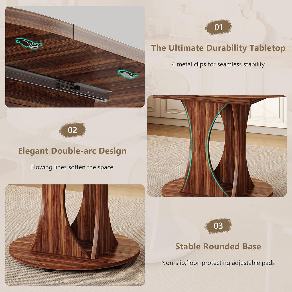 Einhomn 59' Extendable Round Dining Table for 6-8, Kitchen Table with Sturdy Double Arc Base & Backboard Clasp Desktop, Mid-Century Modern Dinner Table, Kitchen Dining Room, Space Saving, Walnut