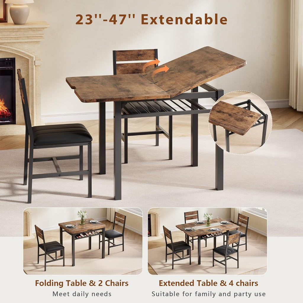 MapleGrace Dining Table Set for 4, Extendable Kitchen Table with 4 PU Leather Upholstered Dining Room Chairs, Wood Kitchen Table Set with Built-in Storage Rack for Dining & Small Spaces, Rustic Brown