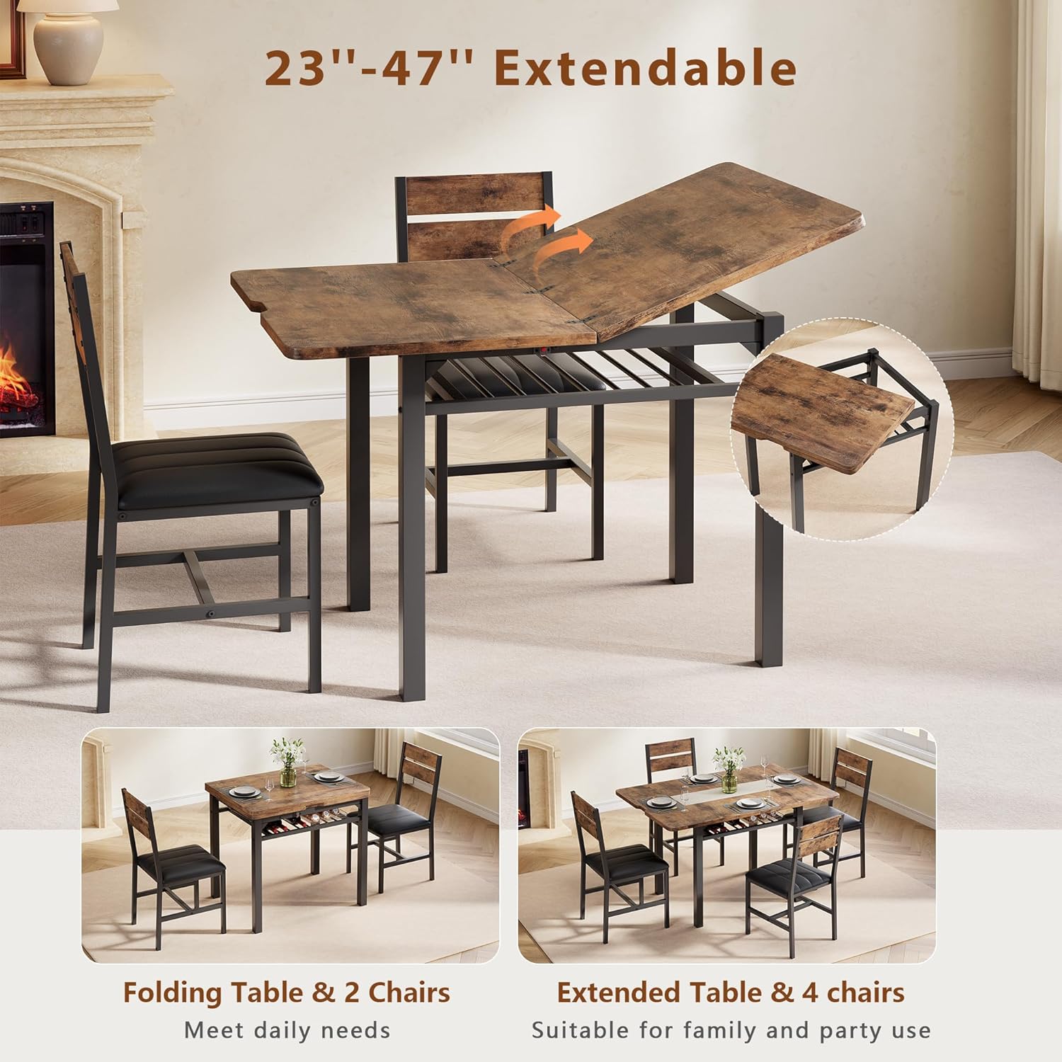 MapleGrace Dining Table Set for 4, Extendable Kitchen Table with 4 PU Leather Upholstered Dining Room Chairs, Wood Kitchen Table Set with Built-in Storage Rack for Dining & Small Spaces, Rustic Brown