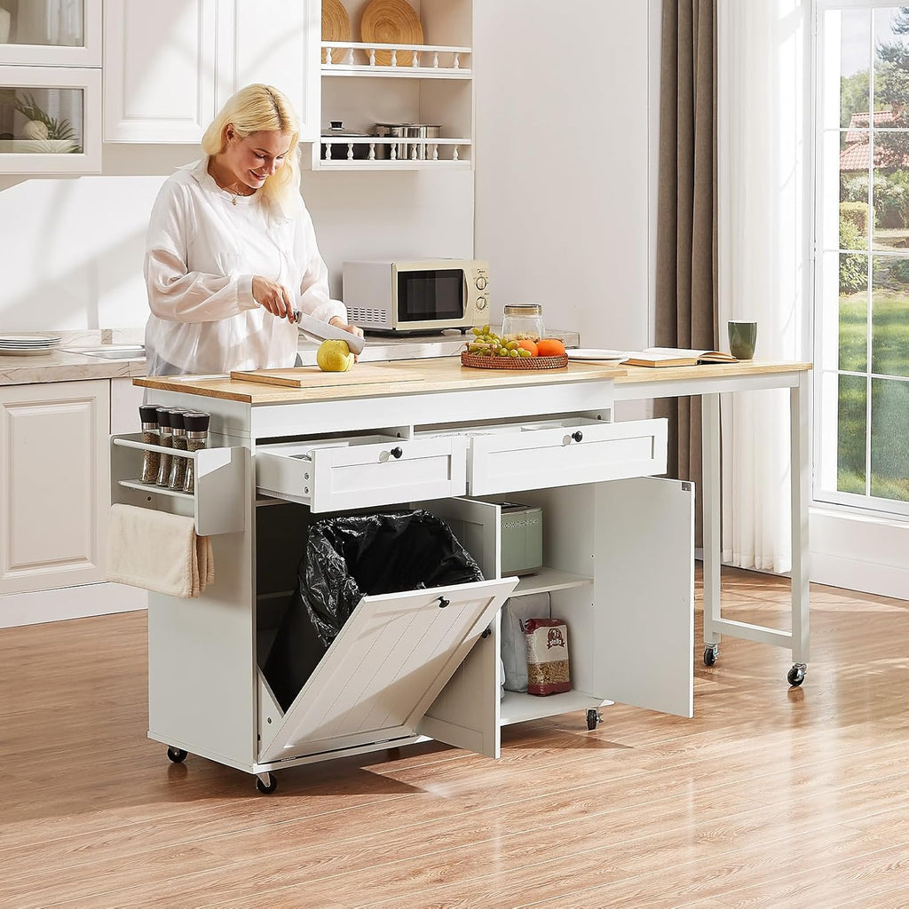 ONBRILL Kitchen Islands with Extendable Dining Table, 81.7' Mobile Kitchen Storage Islands, Rolling Kitchen Cart with Trash Cabinet, Power Outlet, Spice Rack & Towel Rack (White)