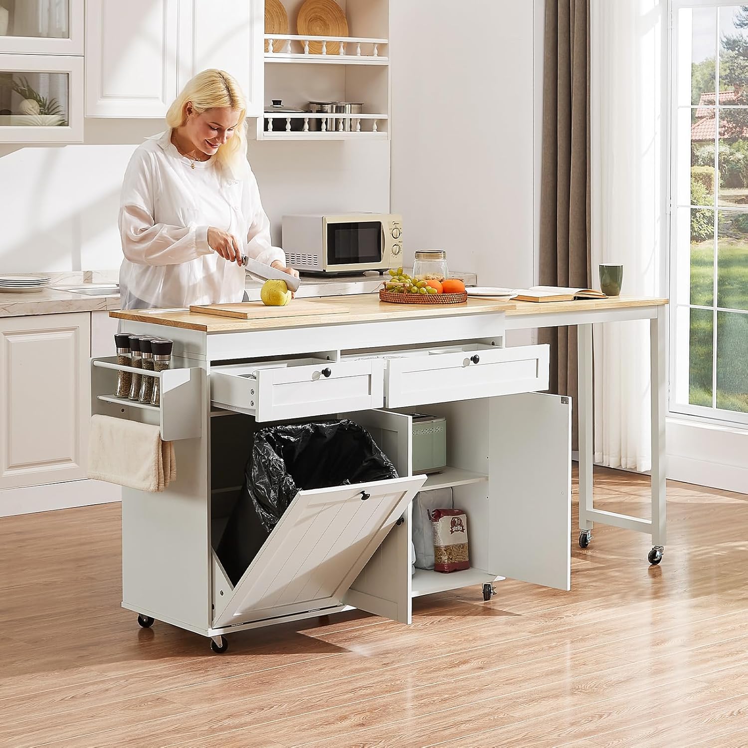 ONBRILL Kitchen Islands with Extendable Dining Table, 81.7' Mobile Kitchen Storage Islands, Rolling Kitchen Cart with Trash Cabinet, Power Outlet, Spice Rack & Towel Rack (White)