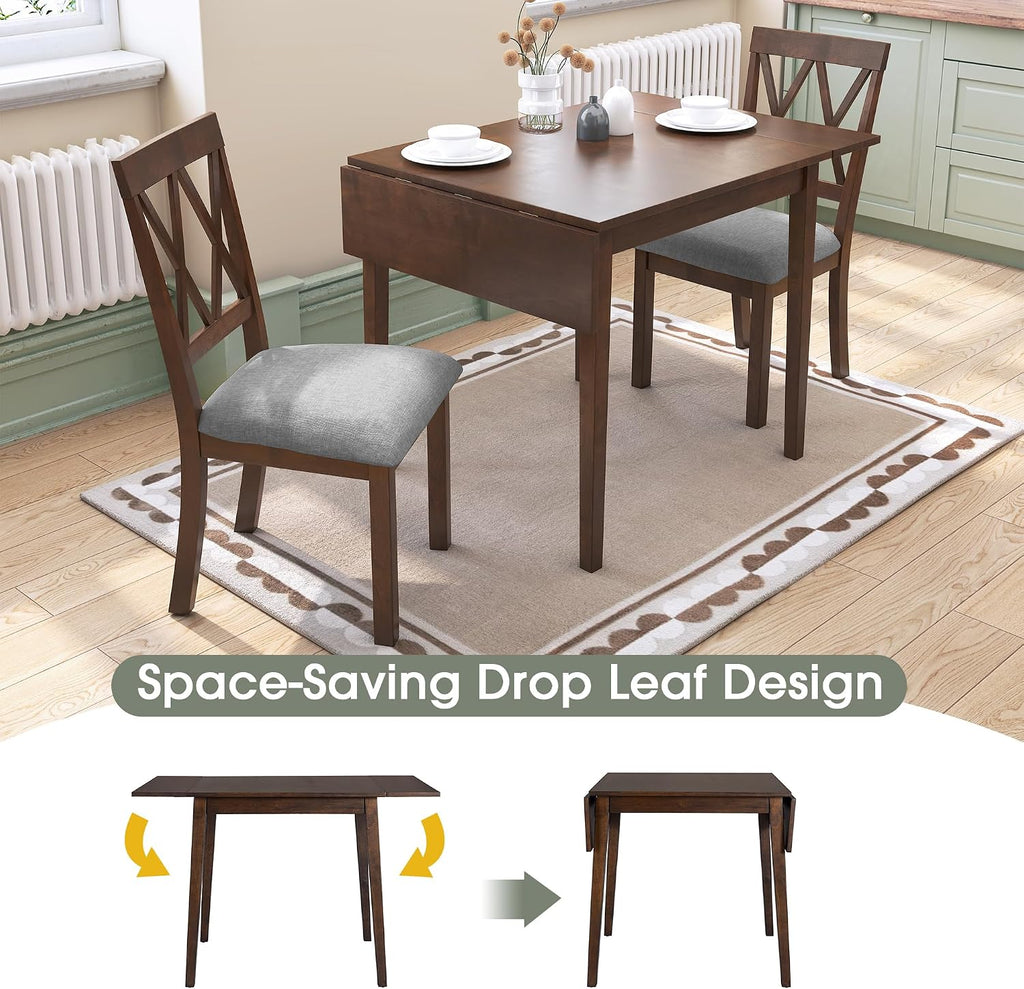 Harper & Bright Designs 3-Piece Wood Drop Leaf Dining Table Set with 2 X-Back Chairs, Space-Saving Breakfast Nook Dining Set, Brown + Grey Cushion