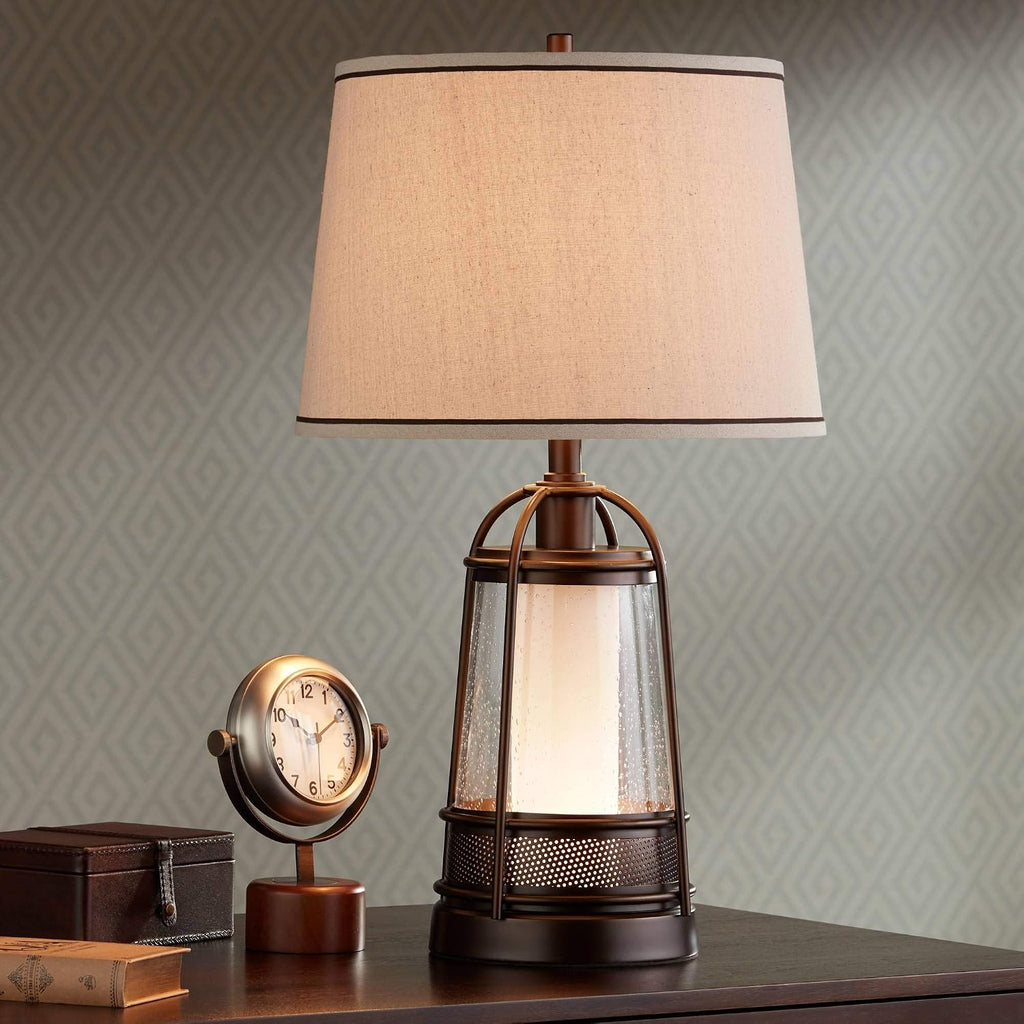 Franklin Iron Works Hugh Industrial Rustic Table Lamp 26' High with LED Nightlight Bronze Metal Seeded Glass Off White Drum Shade for Bedroom Living Room House Home Bedside Nightstand Office Family
