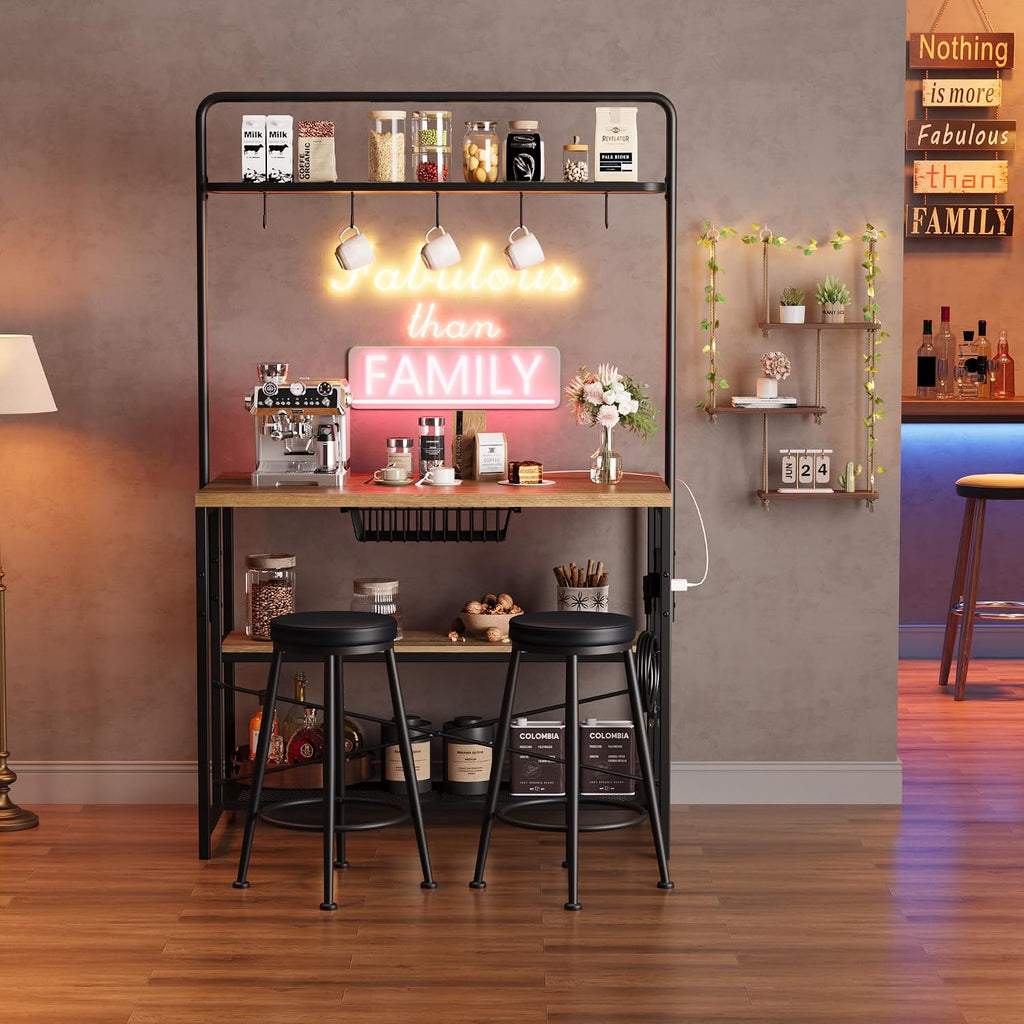 Garvee Kitchen Island with Power Outlet & 2 Bar Stools, Industrial Bakers Rack with 3-Tier Shelves & 5 Hooks, Microwave Stand Coffee Bar Table for Dining Room, Living Room, Apartment
