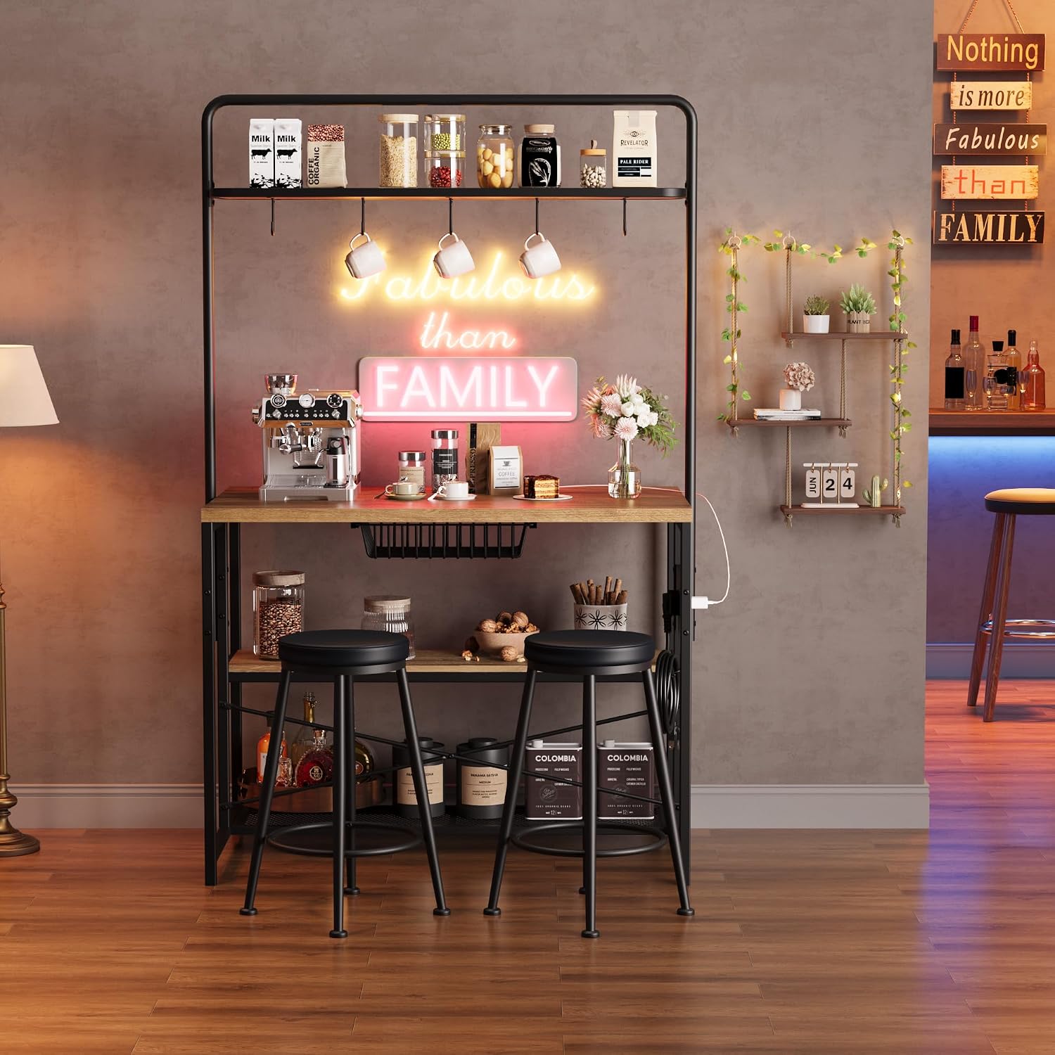 Garvee Kitchen Island with Power Outlet & 2 Bar Stools, Industrial Bakers Rack with 3-Tier Shelves & 5 Hooks, Microwave Stand Coffee Bar Table for Dining Room, Living Room, Apartment
