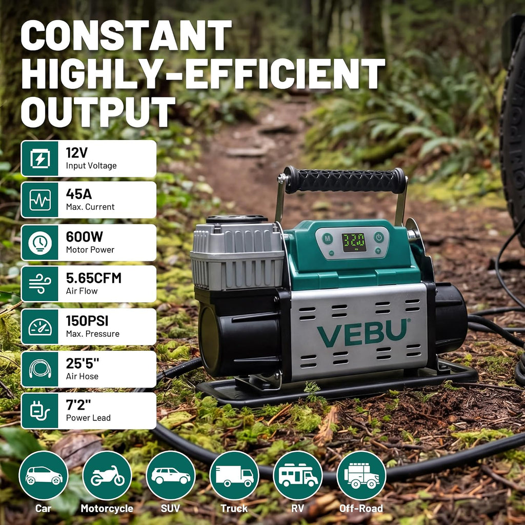 ‌RV Air Compressor 12V Tire Inflator, 150PSI with Auto Shut-off, Digital Display & Preset, 5.65CFM Fast Inflation for Off-road Vehicles, Trucks, SUVs, RVs, ATVs, Corded Electric
