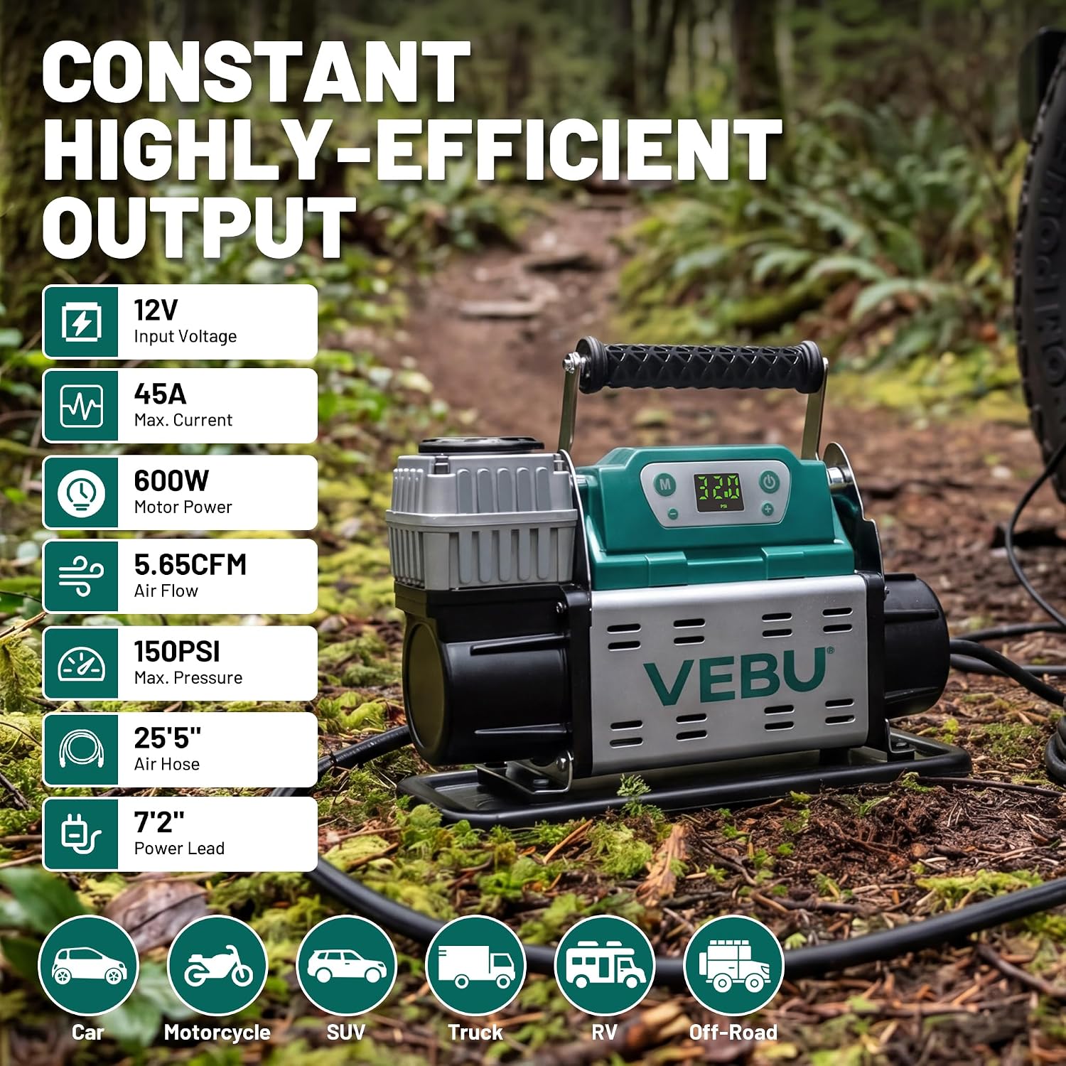 ‌RV Air Compressor 12V Tire Inflator, 150PSI with Auto Shut-off, Digital Display & Preset, 5.65CFM Fast Inflation for Off-road Vehicles, Trucks, SUVs, RVs, ATVs, Corded Electric