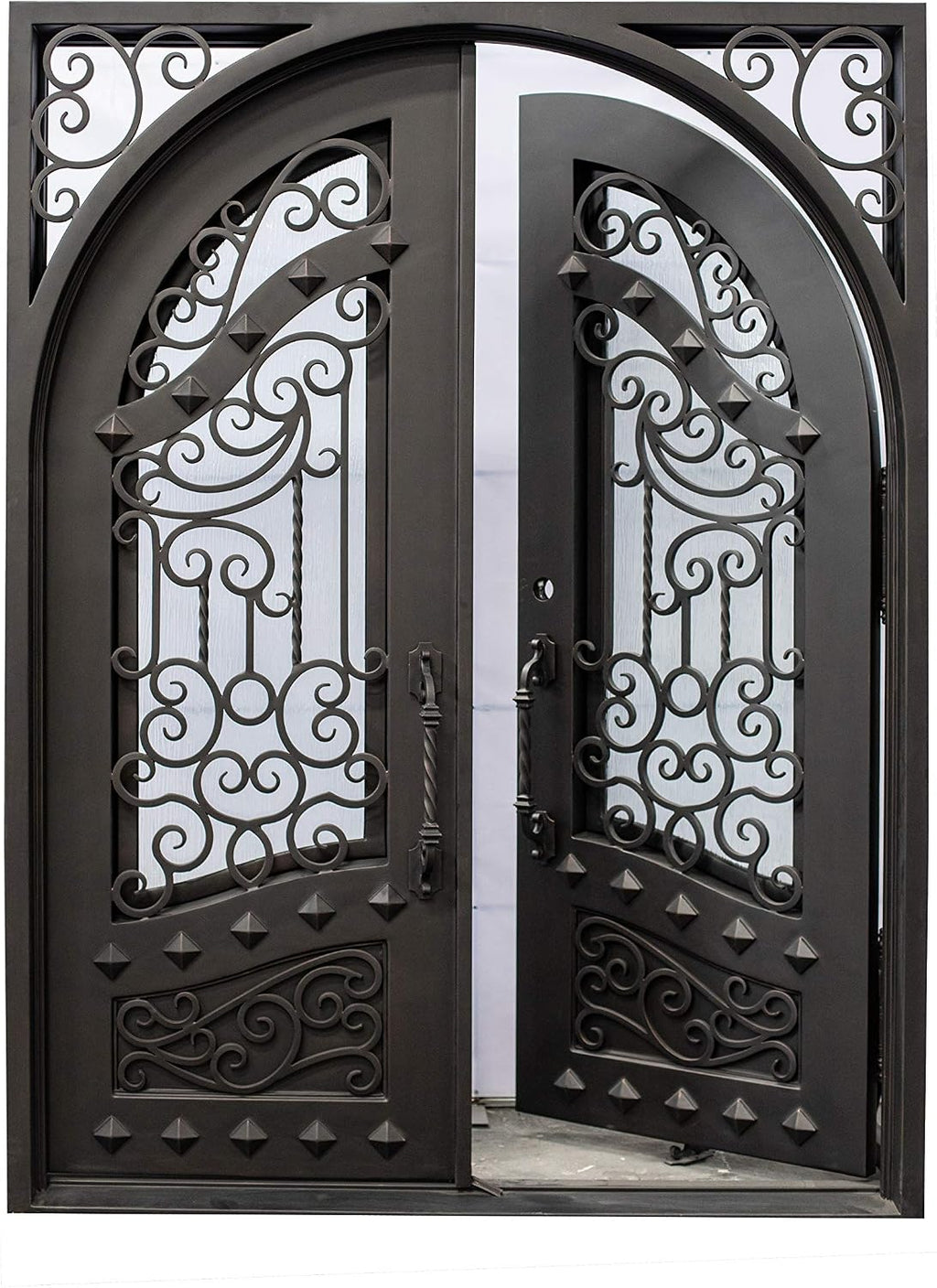 Canton Exterior Double Front Entry Door Wrought Iron with Operable Tempered Rain Glass Inside Swing Dark Bronze Finish (72 By 108 Right Hinge Active)