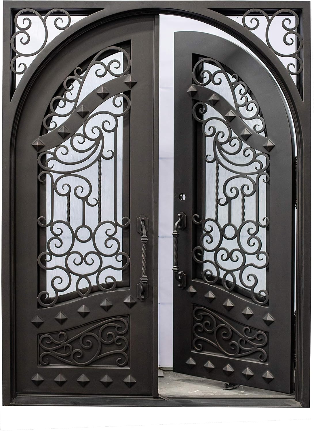 Canton Exterior Double Front Entry Door Wrought Iron with Operable Tempered Rain Glass Inside Swing Dark Bronze Finish (72 By 108 Right Hinge Active)