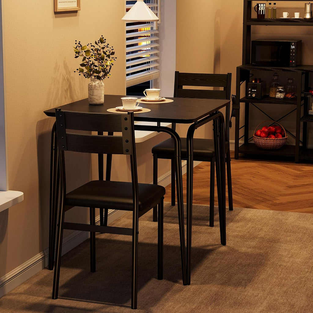 GarveeHome Dining Table for 2, Small Table and Chairs Set of 2, Square Dinette Set for 2, 3 Piece Kitchen & Dining Room Sets for Small Space (Black, Table with 2 Upholstered Chairs)