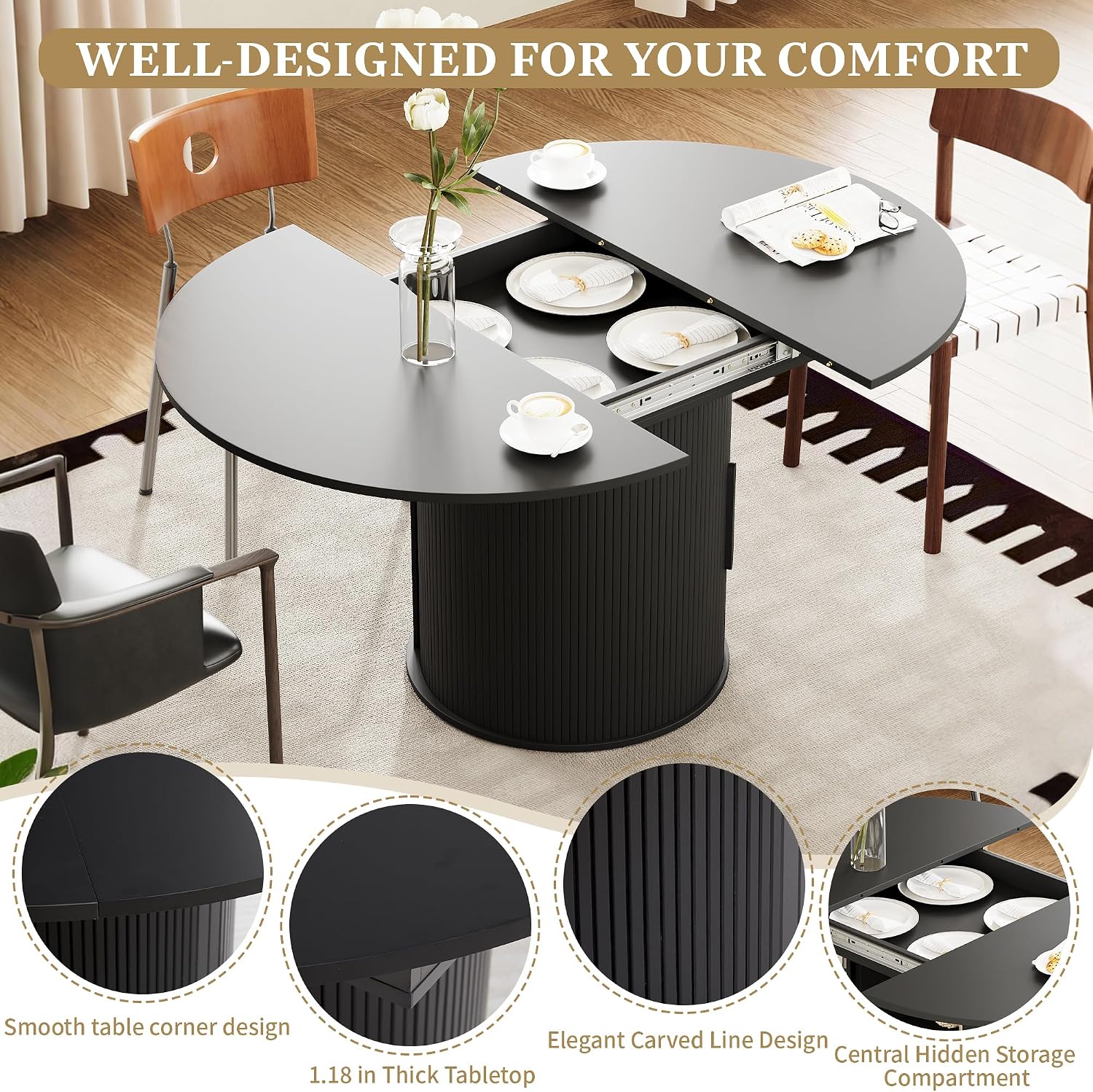 weselon 43'-59' Extendable Round to Oval Dining Table with Hidden Storage, Modern Wooden Kitchen Table with Fluted Sliding Door Cabinet, Expandable Dinner Table for Dining Room Living Room (Black)