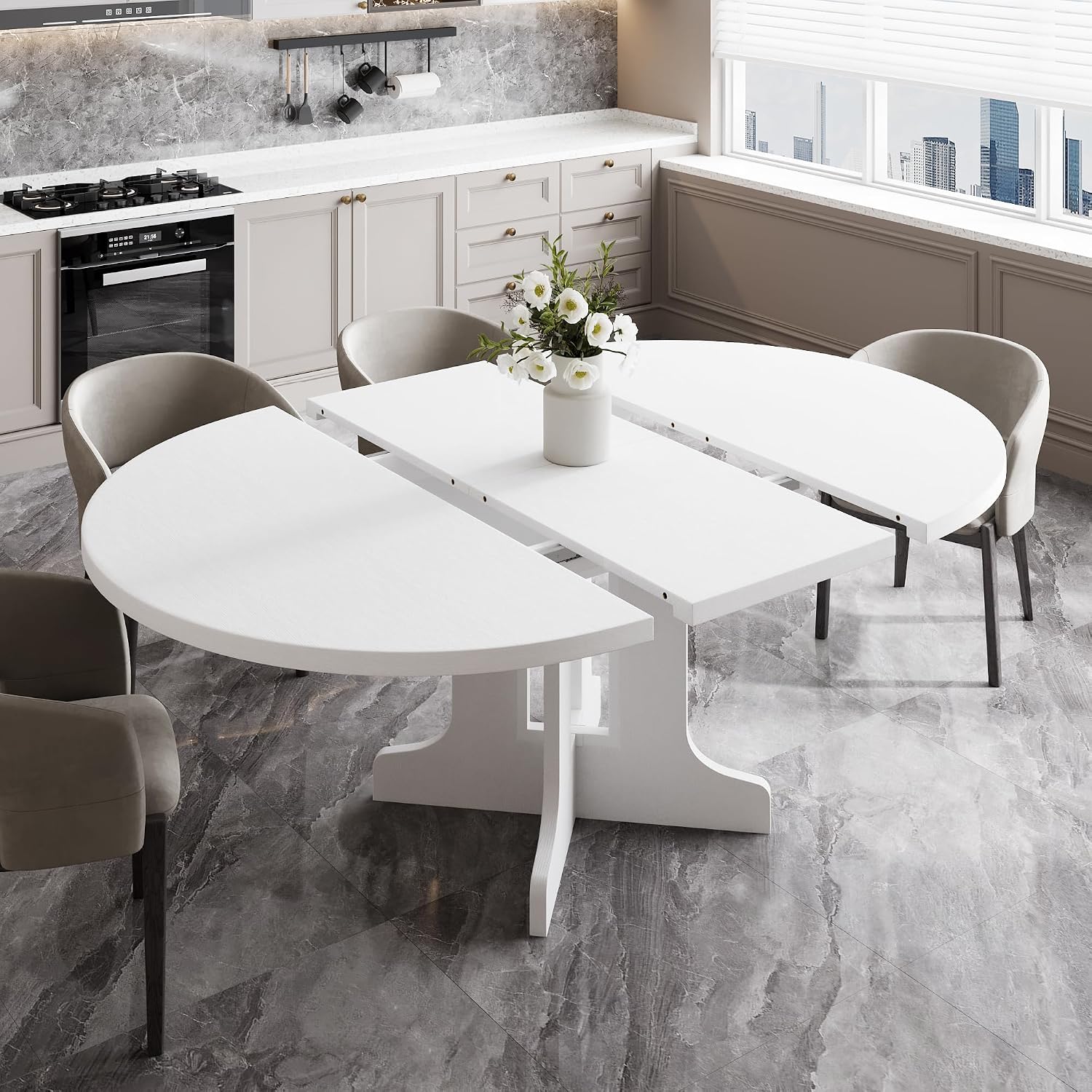 Feonase 59' Round Extendable Dining Room Table for 6, Modern Oval Kitchen Table with Heavy Duty Wood Base, for Kitchen Dining Living Room, Easy Assembly, Noise-Free, White