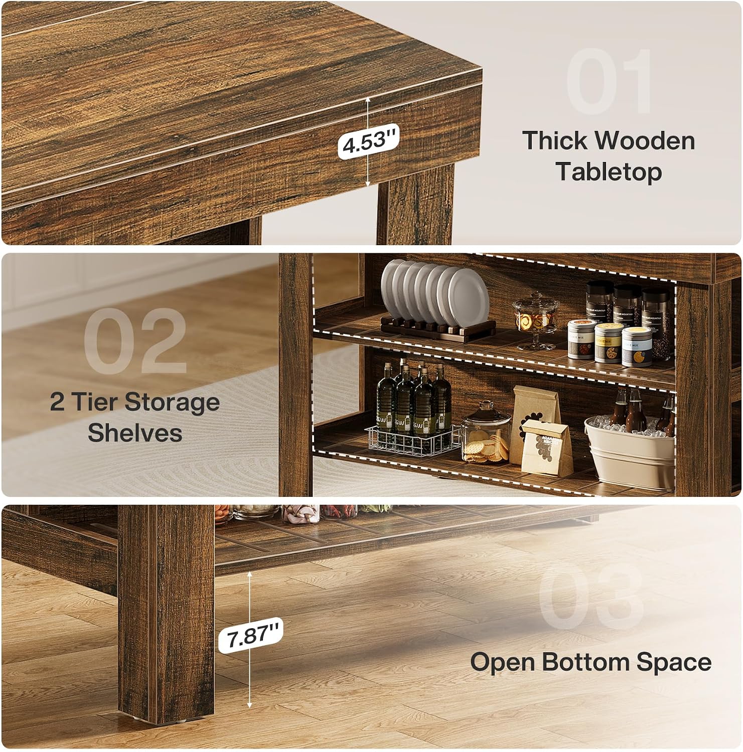 Tribesigns Kitchen Island with Seating and Storage Shelves, 55.1-Inch Breakfast Counter Farmhouse Island Table for Kitchen Dining Room (Deep Brown)