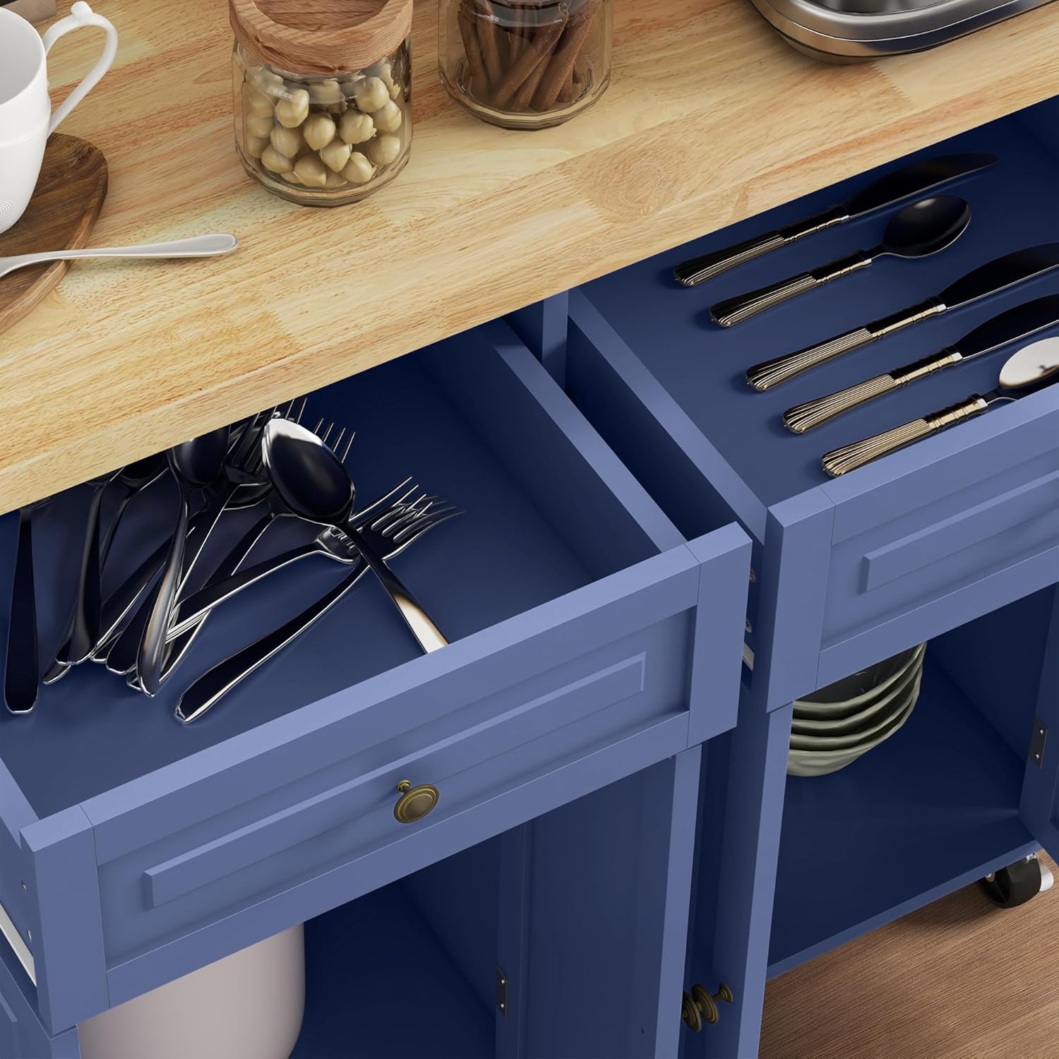 HOMCOM Kitchen Island Cart with Solid Wood Top, 44' Mobile Kitchen Island Table on Wheels with Storage Cabinets, 2 Drawers, Adjustable Shelves, Spice Rack & Towel Bar for Dining Room, Navy Blue