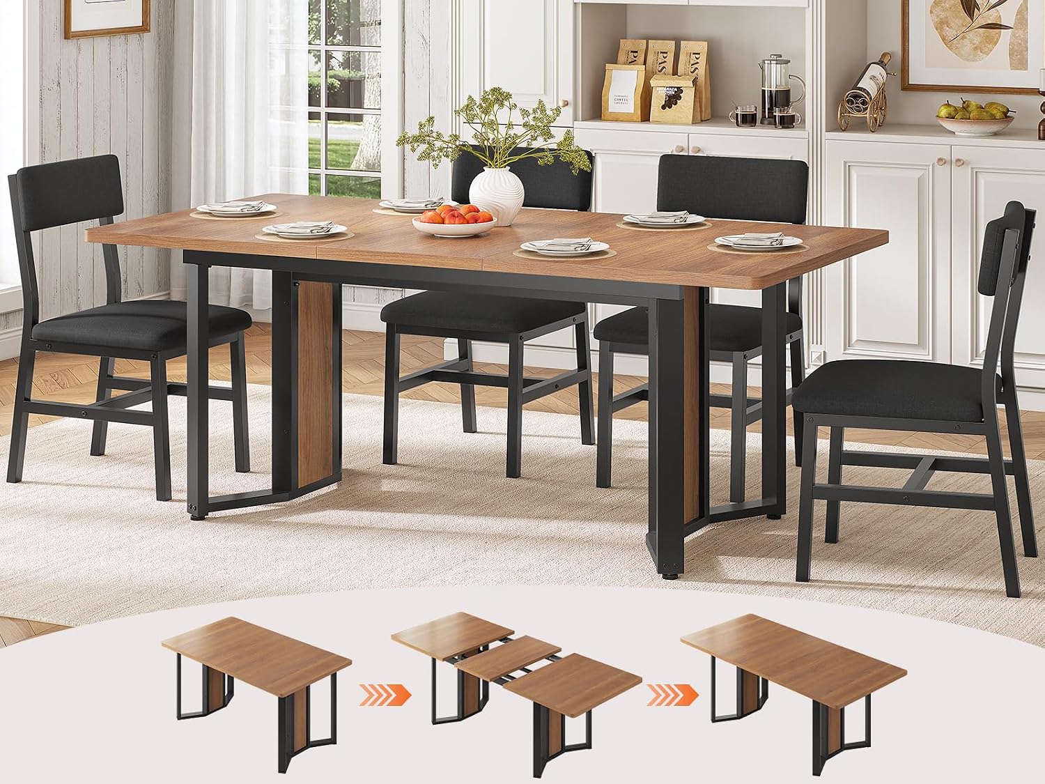 Itaar 5-Piece Dining Table Set for 4-6 People, 63' Extendable Kitchen Table and 4 Cushion Chairs, Dining Room Table with MDF Board & Metal Frame for Small Space, Easy Clean, Brown