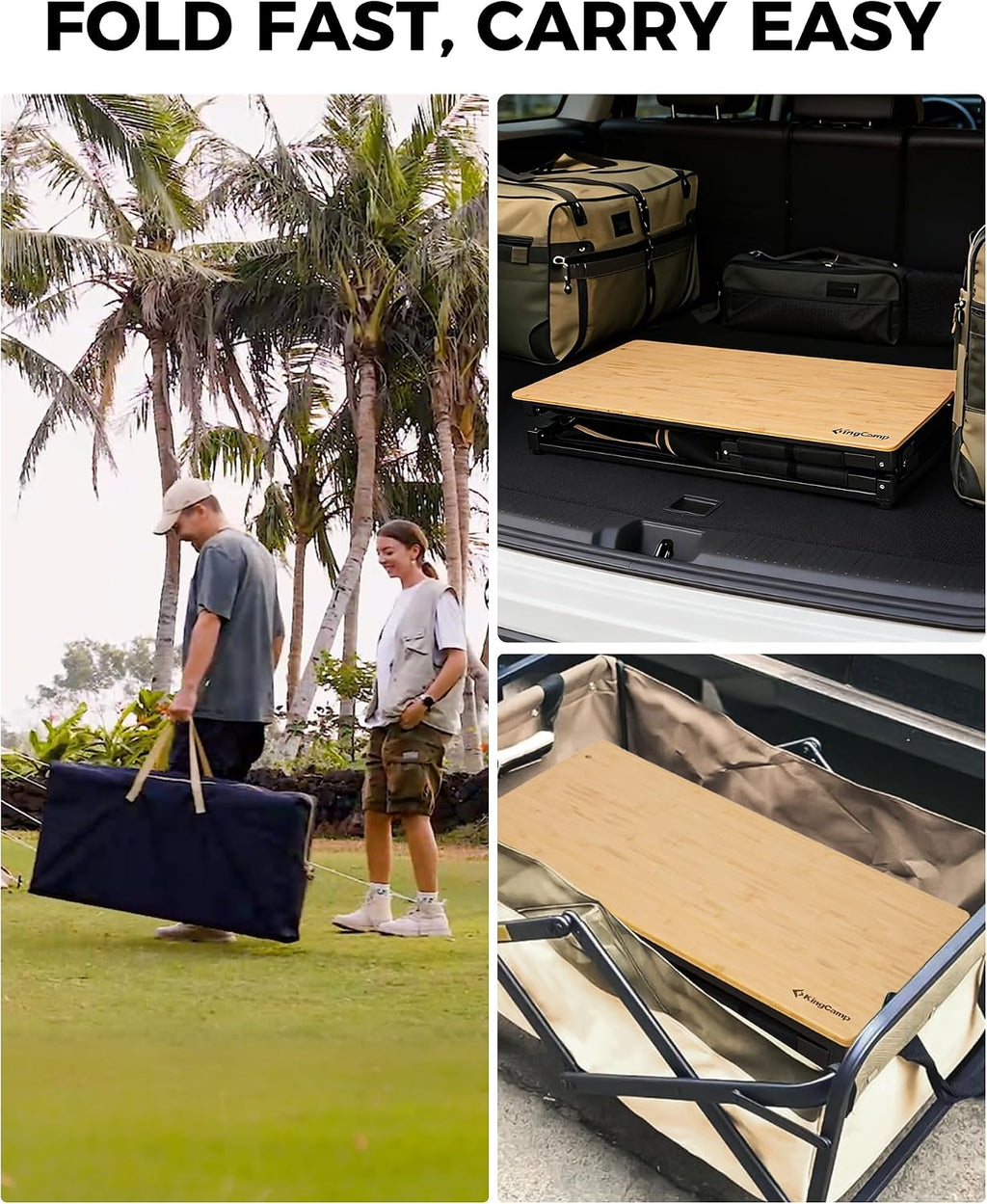 KingCamp Bamboo Camp Kitchen Station, Folding Overland Camping Kitchen Table Hooks Portable Outdoor Cooking with Adjustable Lantern Pole & Windshield Storage Organizer for Tailgating BBQ Picnic RV