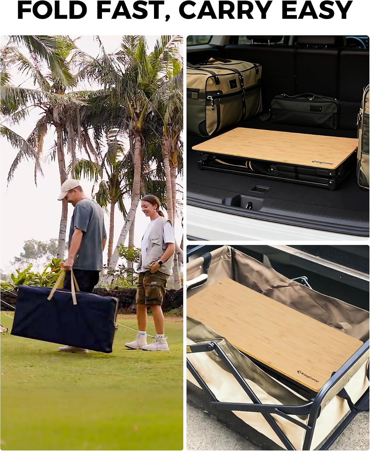 KingCamp Bamboo Camp Kitchen Station, Folding Overland Camping Kitchen Table Hooks Portable Outdoor Cooking with Adjustable Lantern Pole & Windshield Storage Organizer for Tailgating BBQ Picnic RV