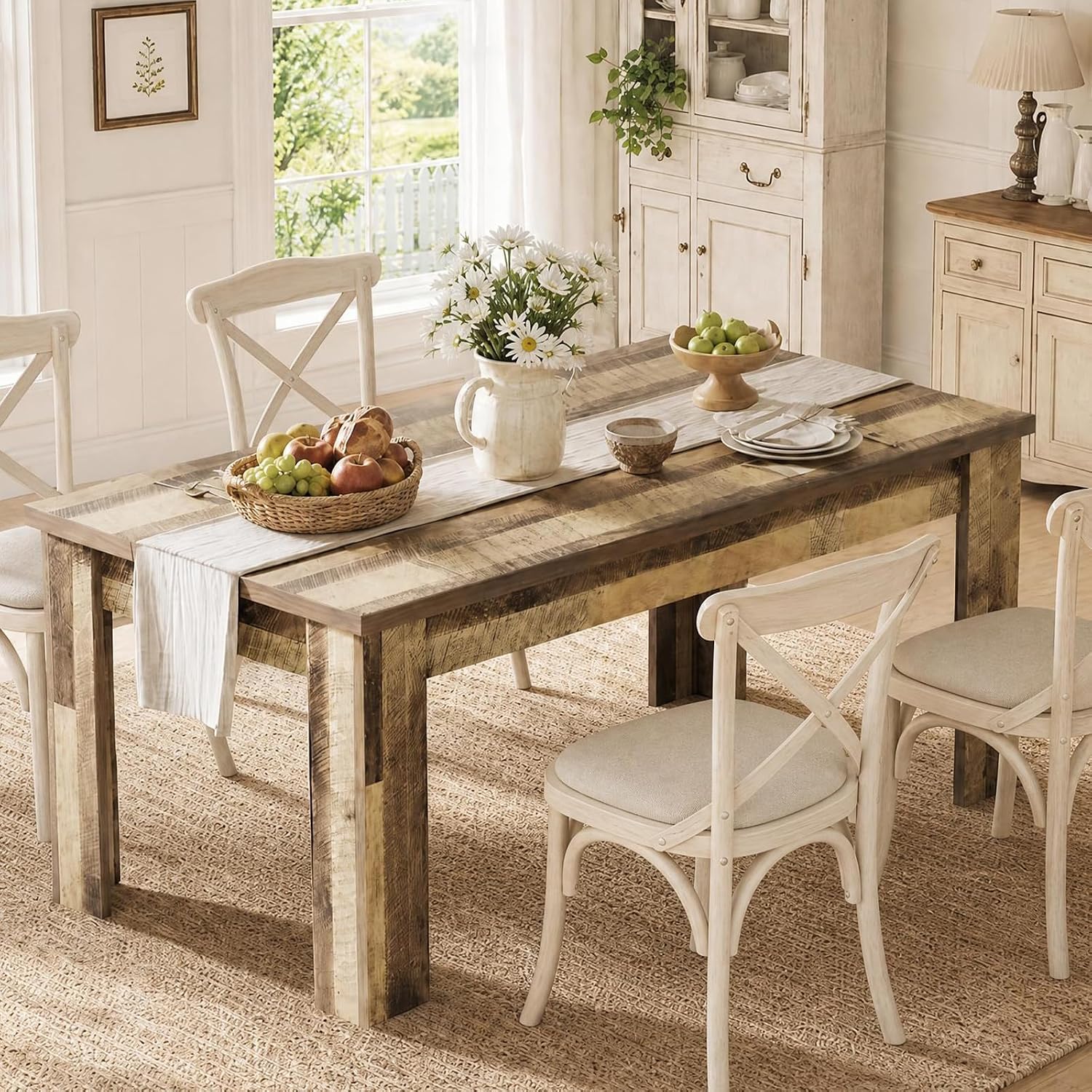 CABIHOME 63' Rectangular Dining Table for 4-6, Farmhouse Large Kitchen Table, Sturdy Frame, 4 Triangular Stable Legs, Thickened Tabletop, Ideal for Apartment, Dining Room, Small Space, Retro Brown