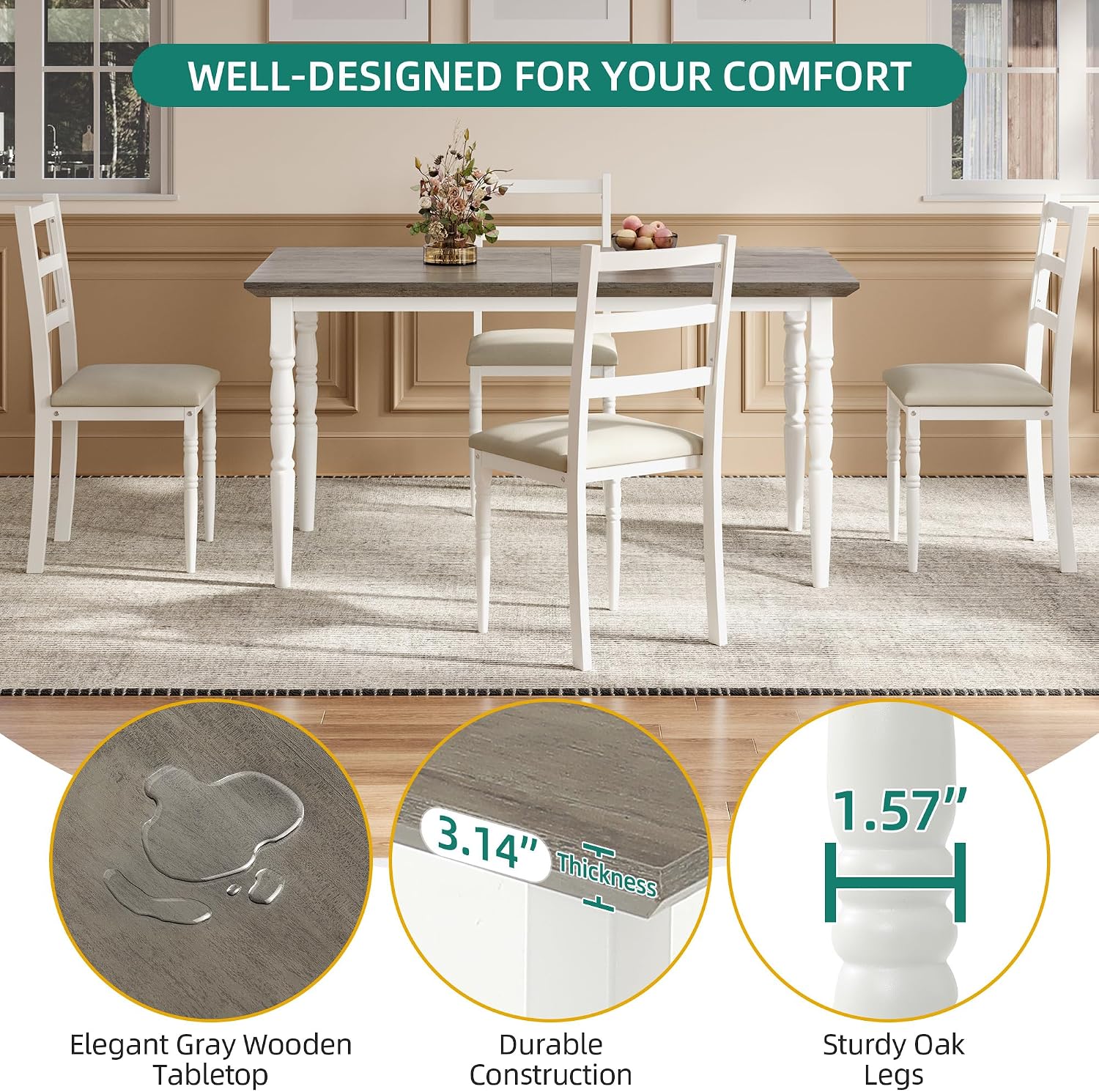 YITAHOME 5-Piece Dining Table Set for 4, Farmhouse Dining Room Table with Chairs Faux Leather Upholstered, Rectangular Kitchen Dinner Table Set for Small Spaces & Apartment, White Grey