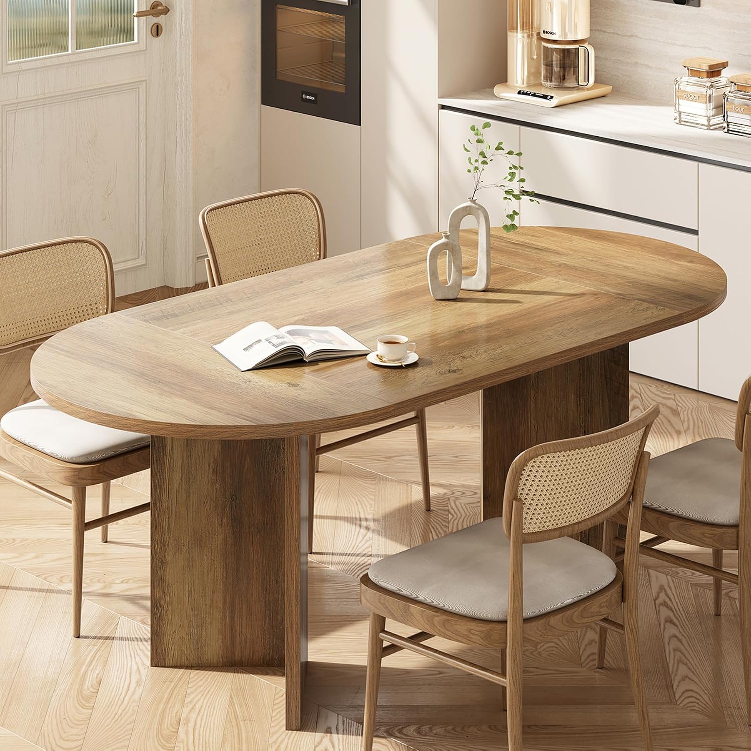 LITTLE TREE 63' Rustic Oval Dining Table for 2-4, Sturdy MDF Farmhouse Kitchen Table with Metal Strip Base, for Living Room, Office, Restaurant, Multi-Use, Umber