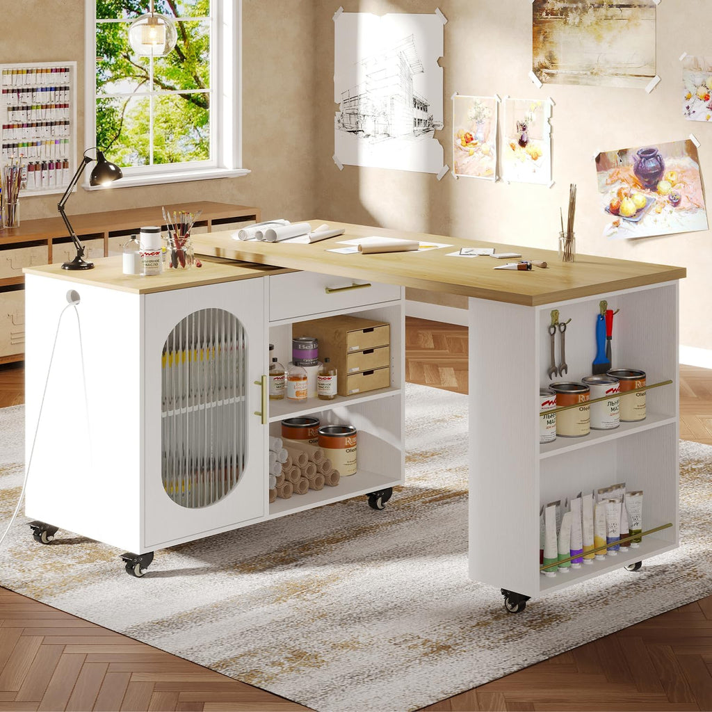 HSH Kitchen Island with 360° Swivel Table & Power Outlet, Rolling Kitchen Island Cart with Storage & Seating, Mobile Wood Kitchen Island Table with Cabinet, Drawers & Shelves on Wheels, Light Oak