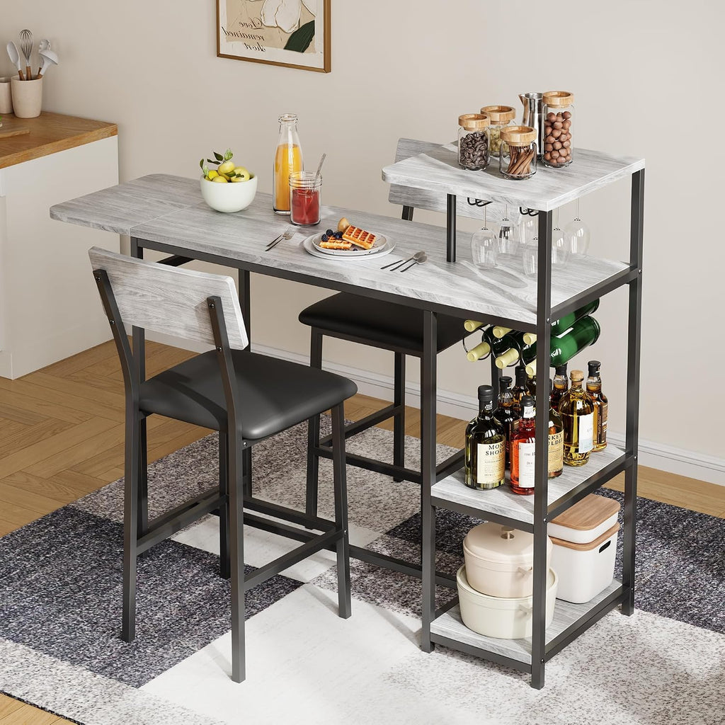 Garvee Dining Table Set for 2, 3-Piece Expandable Bar Table and Chairs Set, with Storage Shelves and Wine Rack, Small Kitchen Dining Set for Living Room, Apartment