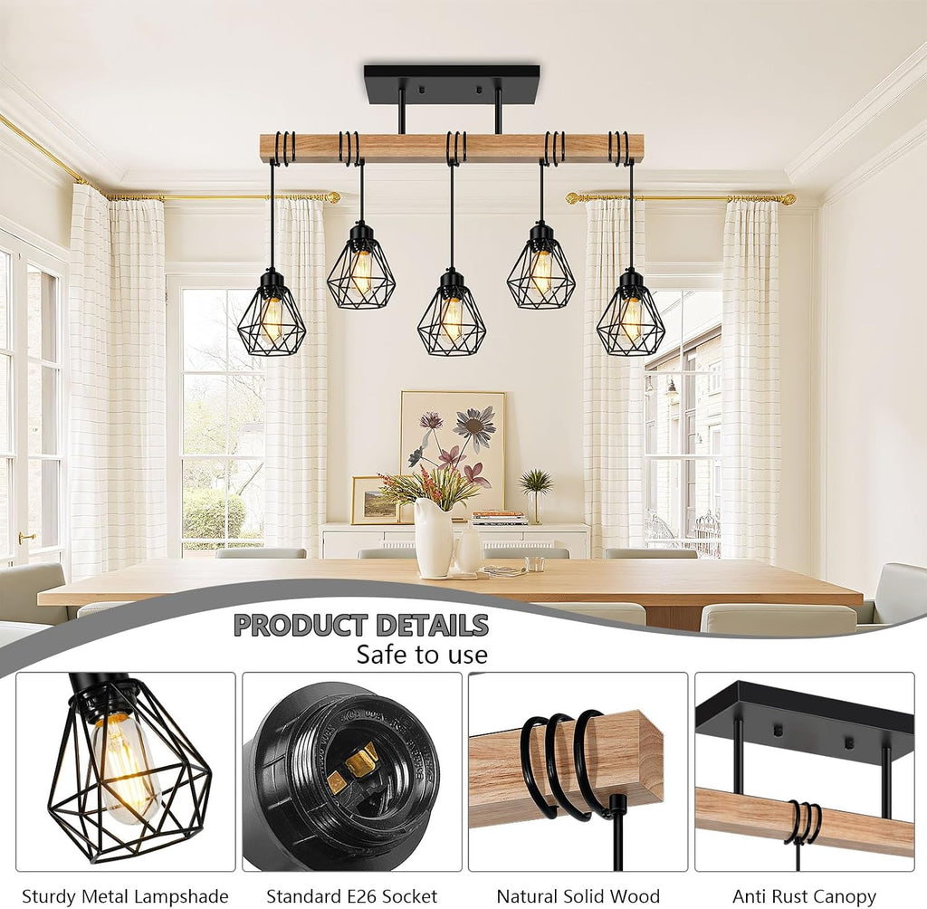 5-Lights Farmhouse Hanging Pendant Light, Dinng Room Light Fixtures for Kitchen Island Lighting Over Table, Black Rustic Wood Ceiling Pendant Lights with Metal Shade for Living Room, Foyer