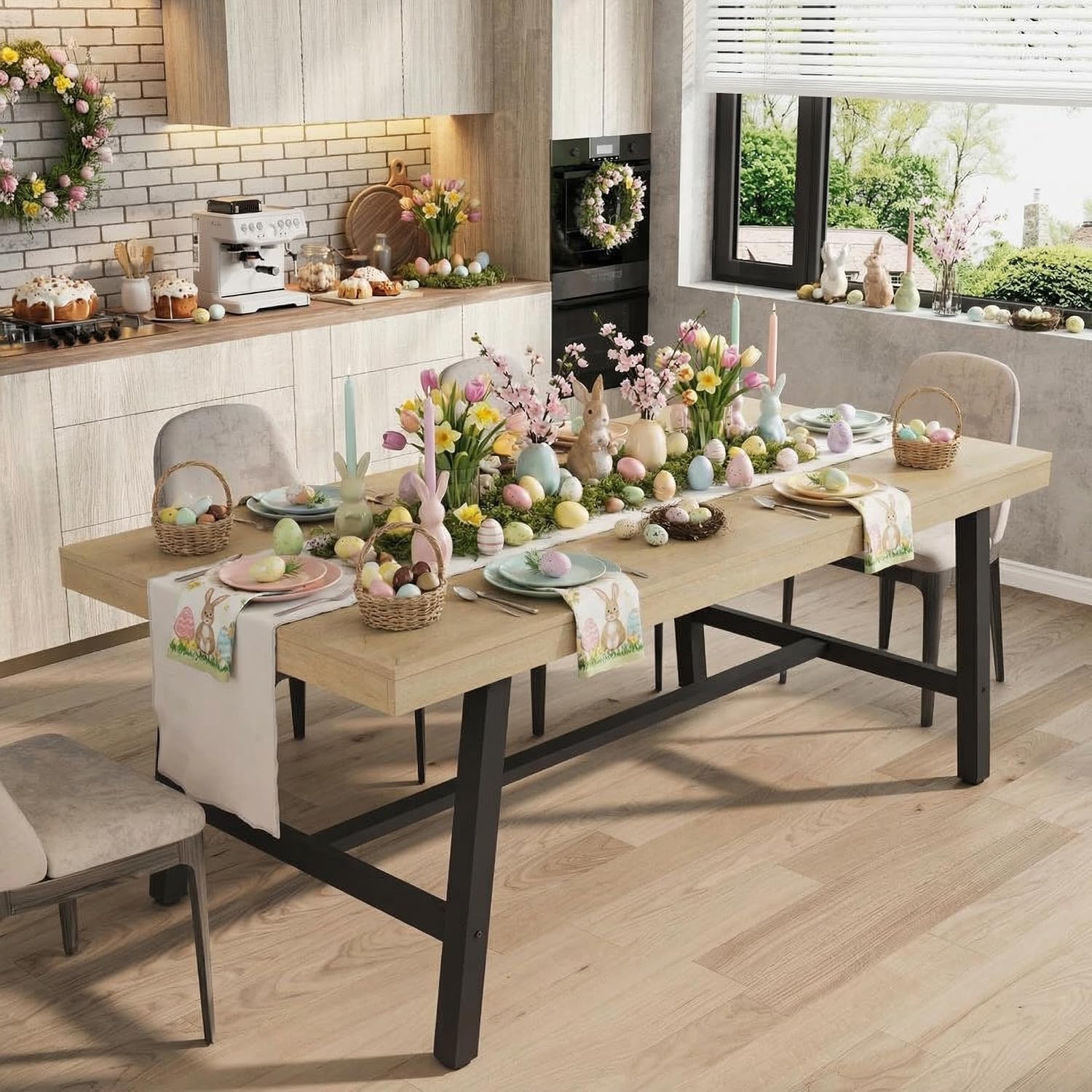 70' Large Dining Table for 6-8 People, Rustic Industrial Farmhouse Kitchen Table, Rectangle Wooden Dining Room Table with Heavy-Duty Metal Frame, Stable & Waterproof for Home, Kitchen, Dining Room