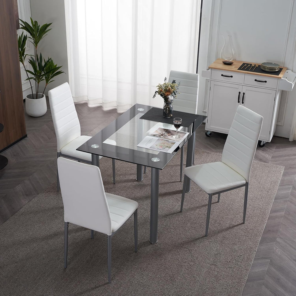 Karl home 5-Piece Glass Dining Table Set with Glasses Table and 4 Leather Chairs for Kitchen, Breakfast, Living Room; Space Saving(White Glass)
