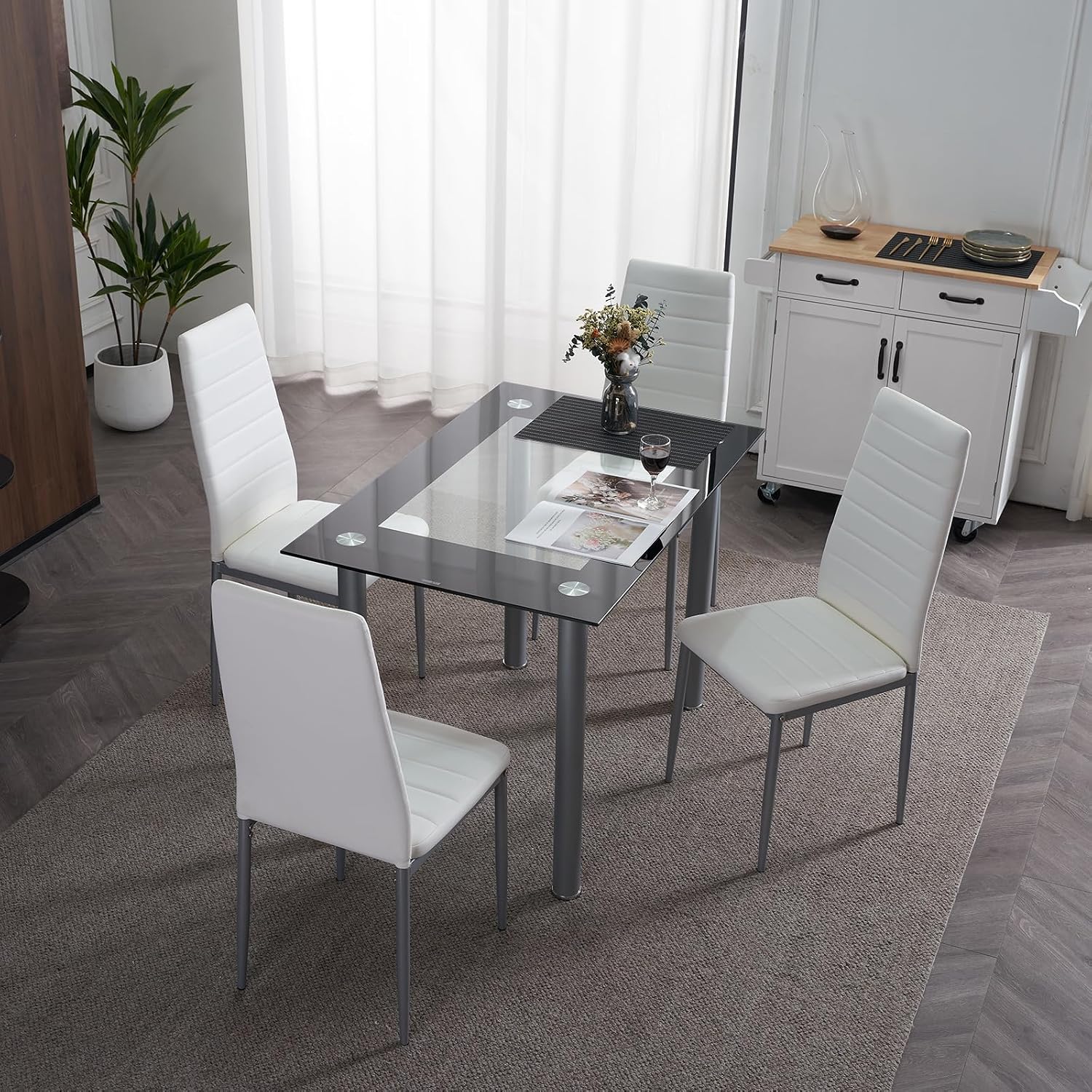 Karl home 5-Piece Glass Dining Table Set with Glasses Table and 4 Leather Chairs for Kitchen, Breakfast, Living Room; Space Saving(White Glass)