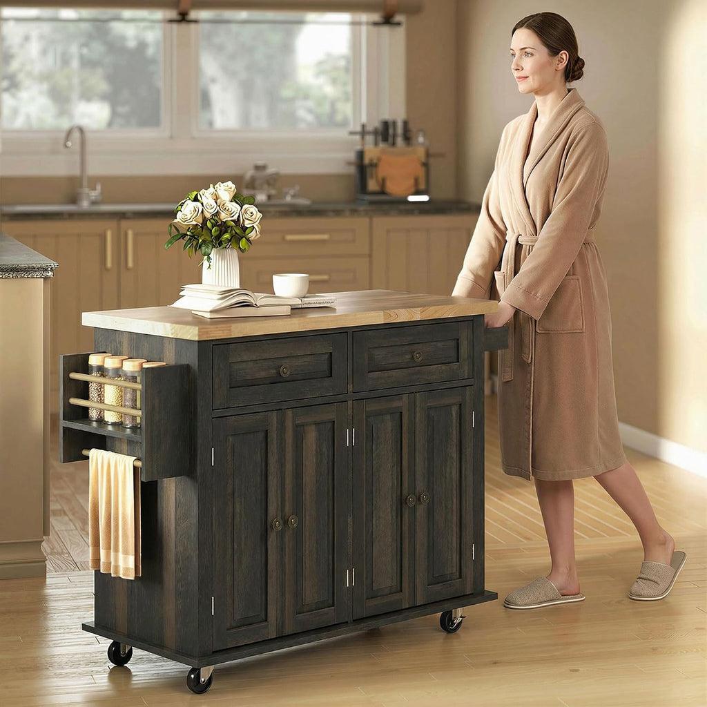 HOMCOM Kitchen Island Cart with Solid Wood Top, 44' Mobile Kitchen Island Table on Wheels with Storage Cabinets, 2 Drawers, Adjustable Shelves, Spice Rack & Towel Bar for Dining Room, Brown Oak