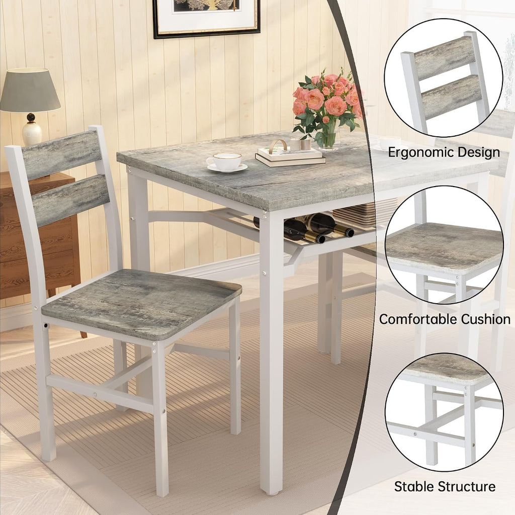 Hooseng 3 Piece Dining Table Set for 2, Small Wooden Kitchen Table with Storage, Farmhouse Square Dinette Set for Dining Room, Breakfast Nook, Apartment, Small Space