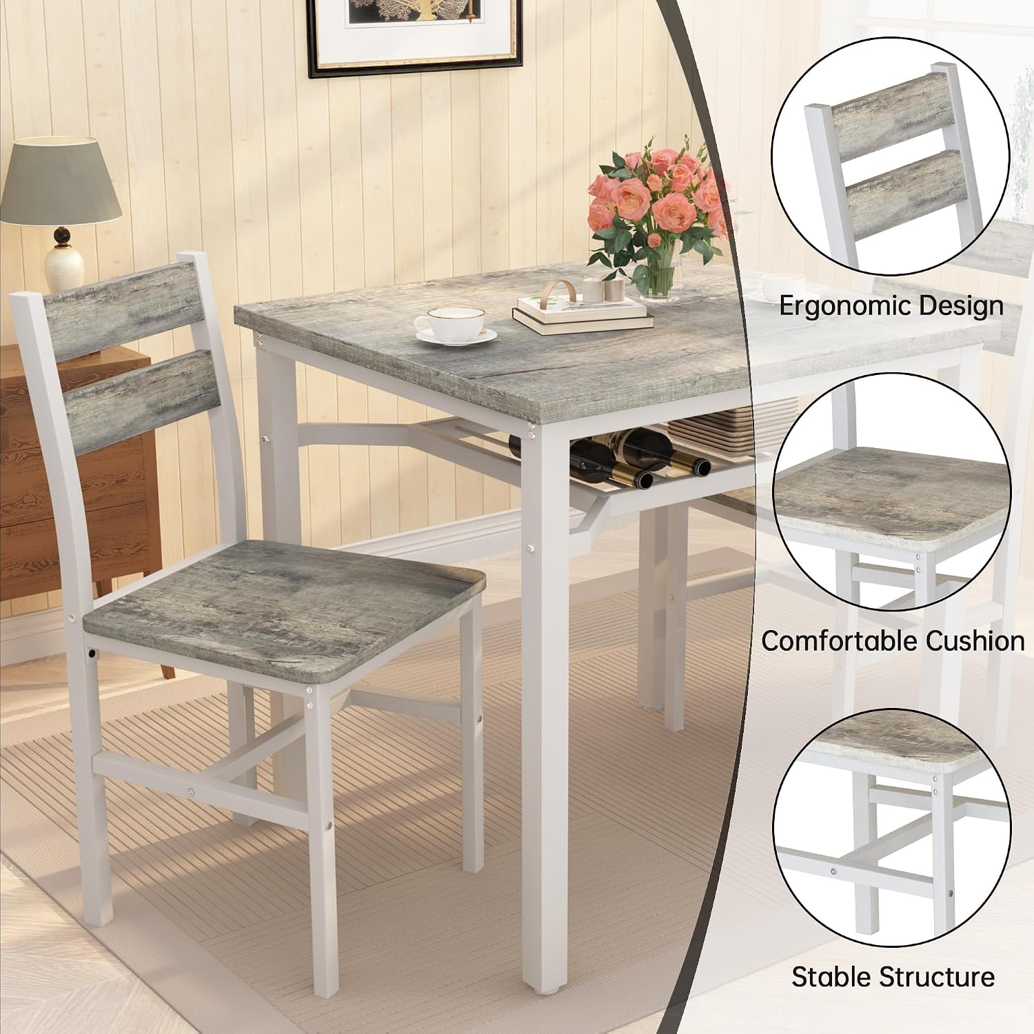 Hooseng 3 Piece Dining Table Set for 2, Small Wooden Kitchen Table with Storage, Farmhouse Square Dinette Set for Dining Room, Breakfast Nook, Apartment, Small Space