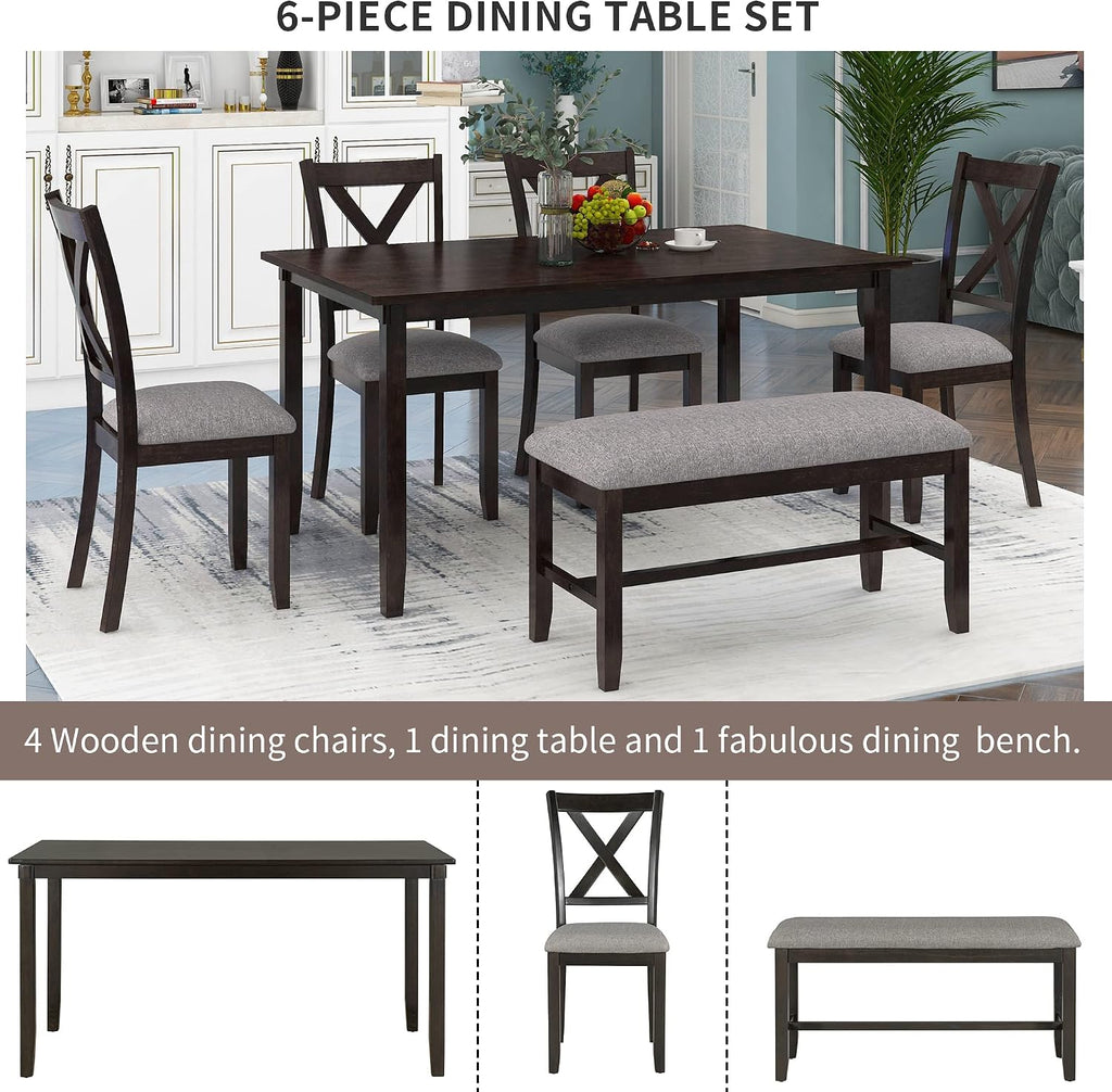 Merax 6 Piece Farmhouse Dining Table Set for 6, Solid Wood Rectangular Kitchen Table Set with 4 Upholstered Chairs and 1 Bench for Kitchen Room Dining Room - Espresso+Gray