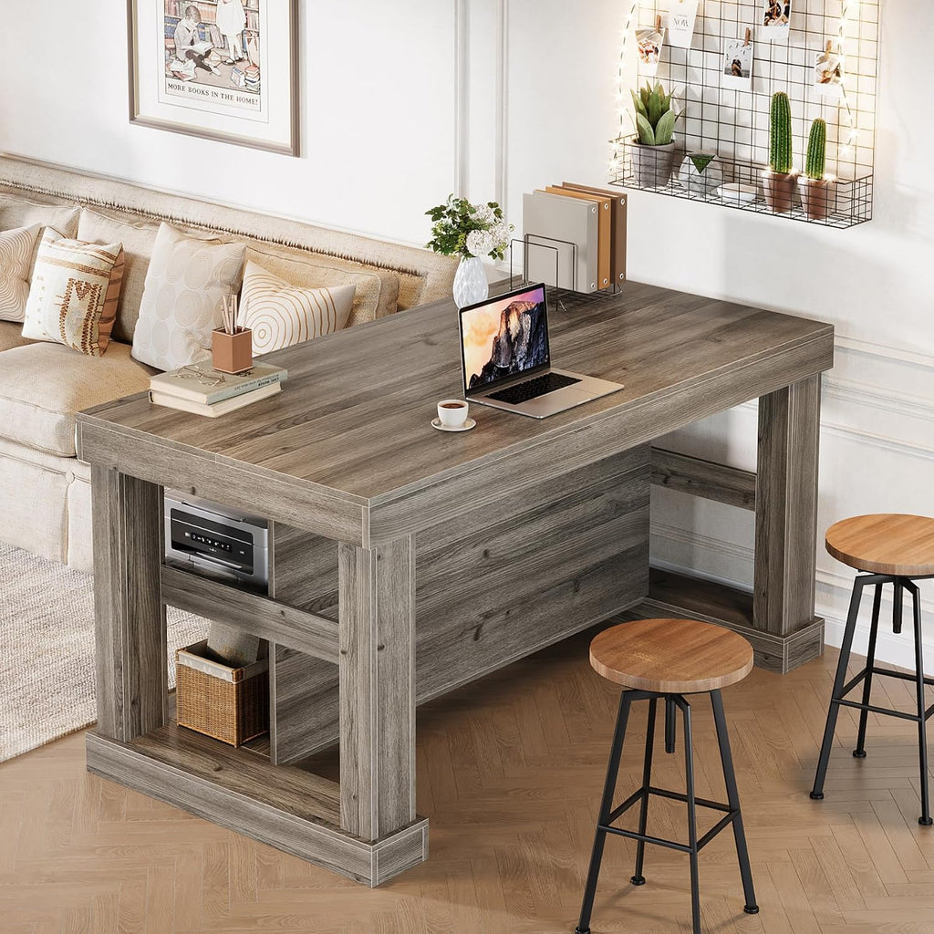 Tribesigns Bar Table, 55-Inch Counter Height Pub Table with Storage Shelves, High Top Kitchen Dining Table, Rectangle Wood Home Bar Unit for Dining Room, Bistro, Grey