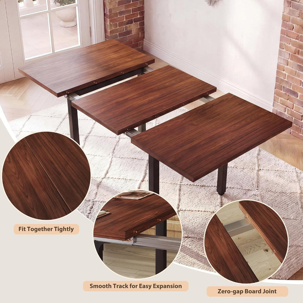 HUAHUU Extendable Dining Table Set for 4, Wood Kitchen Table with 4 Curved Backrest Chairs, Dining Room Table with MDF Board & Metal Frame, Saving Space for Small Apartment, Easy Assembly, Walnut