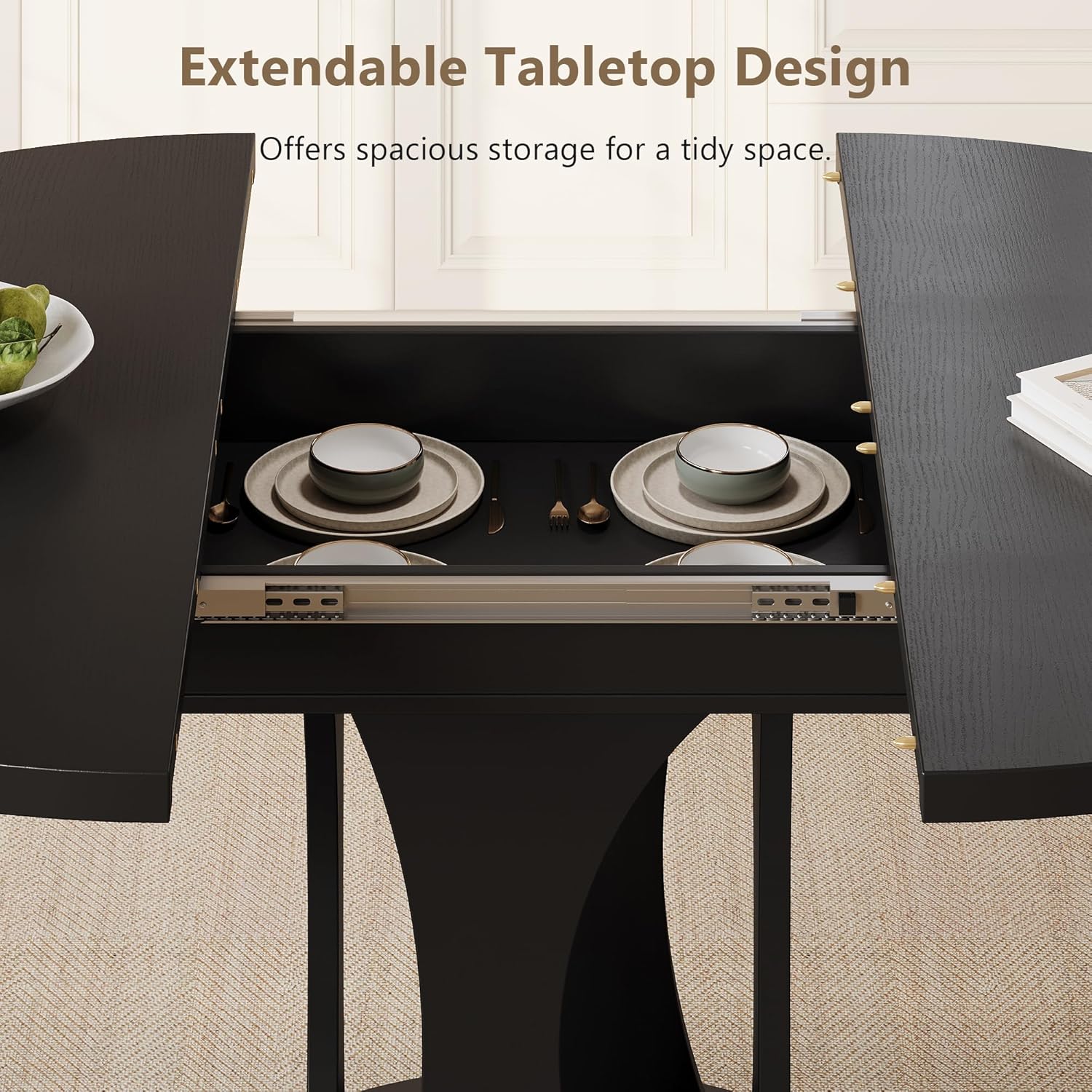 Einhomn 59' Extendable Round Dining Table for 6-8, Kitchen Table with Sturdy Double Arc Base & Backboard Clasp Desktop, Mid-Century Modern Dinner Table, Kitchen Dining Room, Space Saving, Black