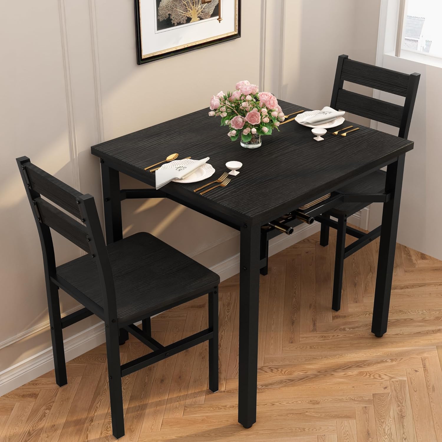 Hooseng 3 Piece Dining Table Set for 2, Small Wooden Kitchen Table with Storage, Farmhouse Square Dinette Set for Dining Room, Breakfast Nook, Apartment, Small Space