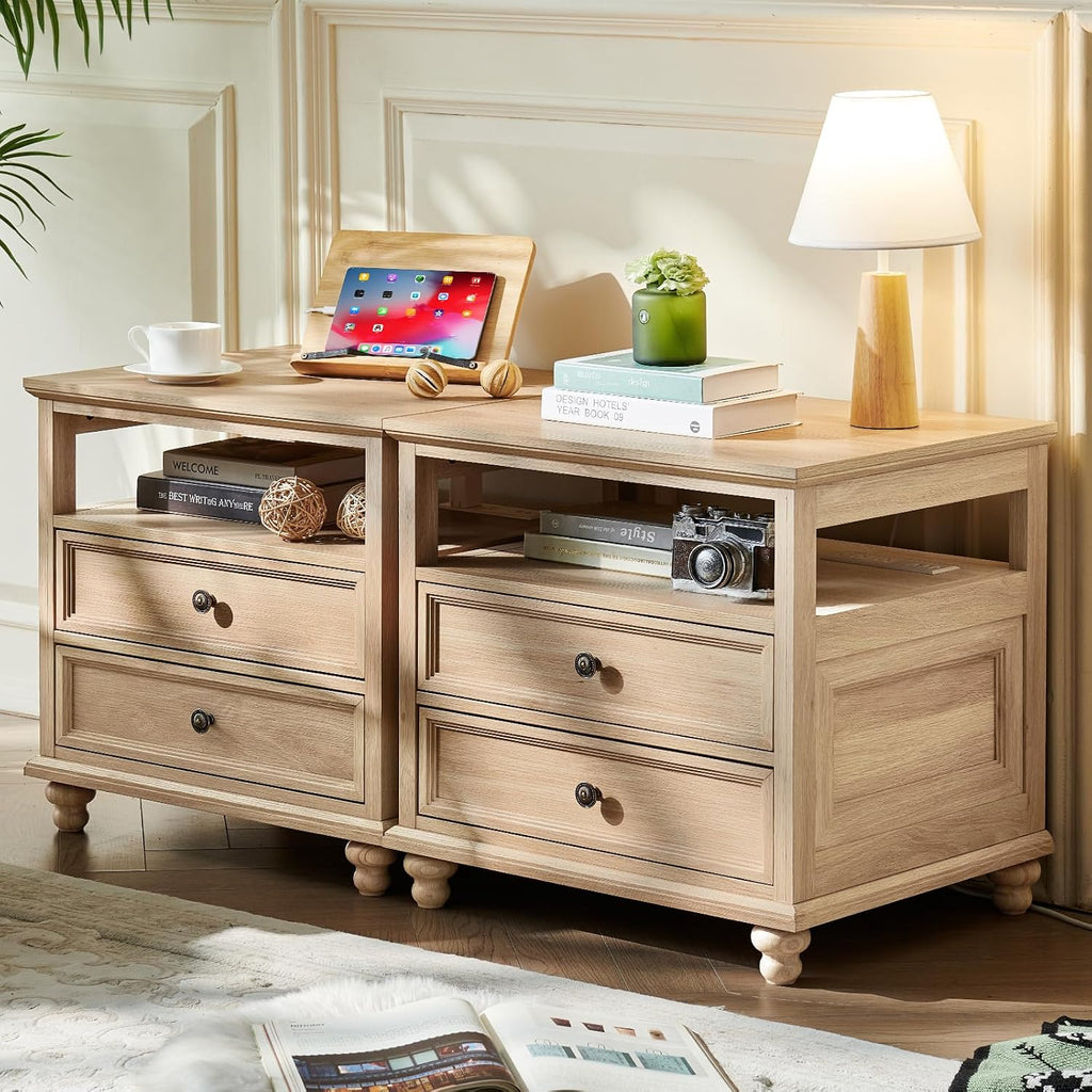 Joaxswe Farmhouse Nightstand Set of 2 with Charging Station, 24' Wide End Table with 2 Drawers,Natural Dresser for Bedroom,Bed Side Table Chest of Drawers Cabinet, Night Stand for Living Room