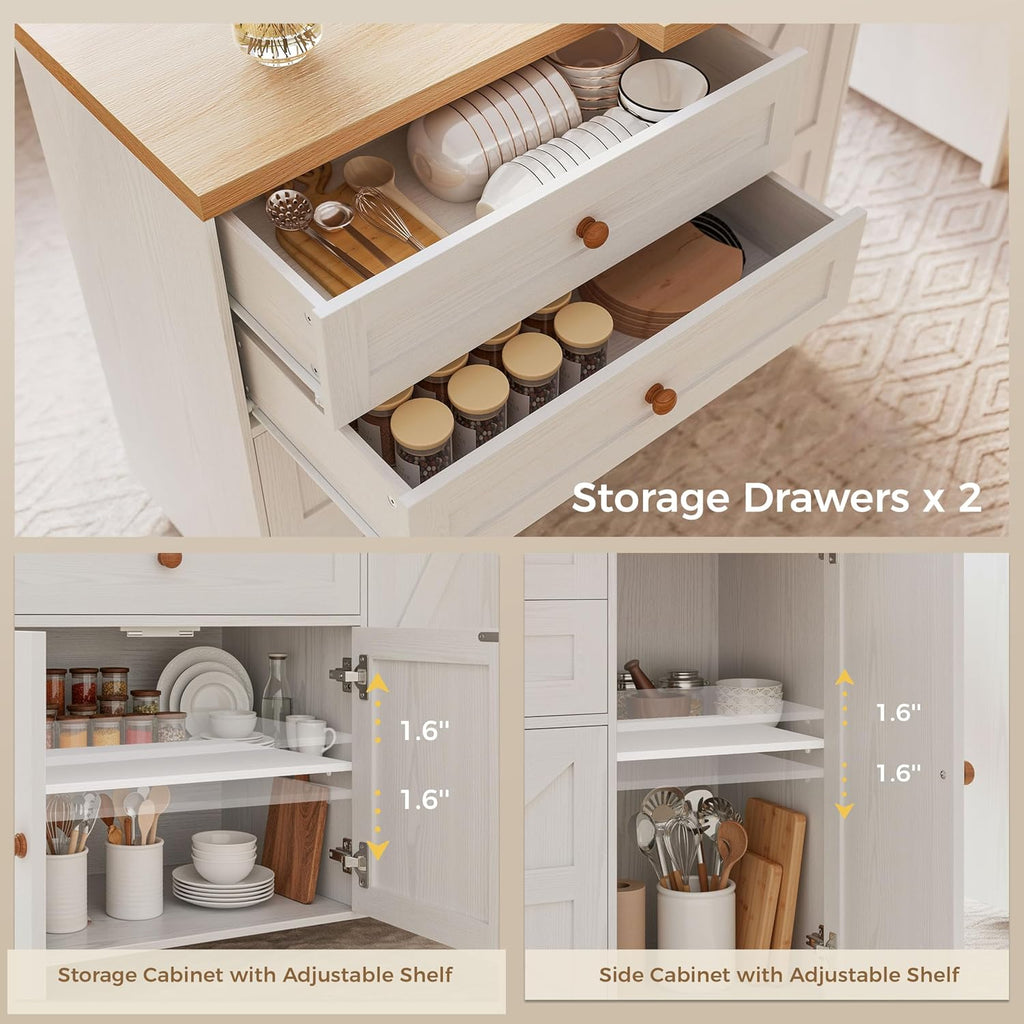IRONCK Kitchen Island with 360° Swivel Table, 71 inch Rolling Kitchen Island Cart with Storage, Home Bar Table with Spice Rack and Drawers, Mobile Wood Kitchen Island on Wheels, White