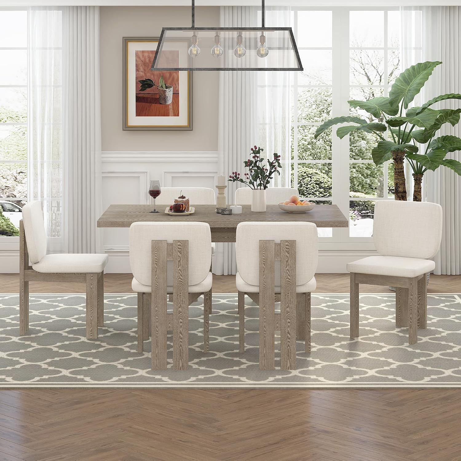 Merax Wood Dining Table Set for 6, Rectangular Tabletop/Upholstered Chairs/Retro Geometric Design, Ideal for Dining-Room and Kitchen, Natural