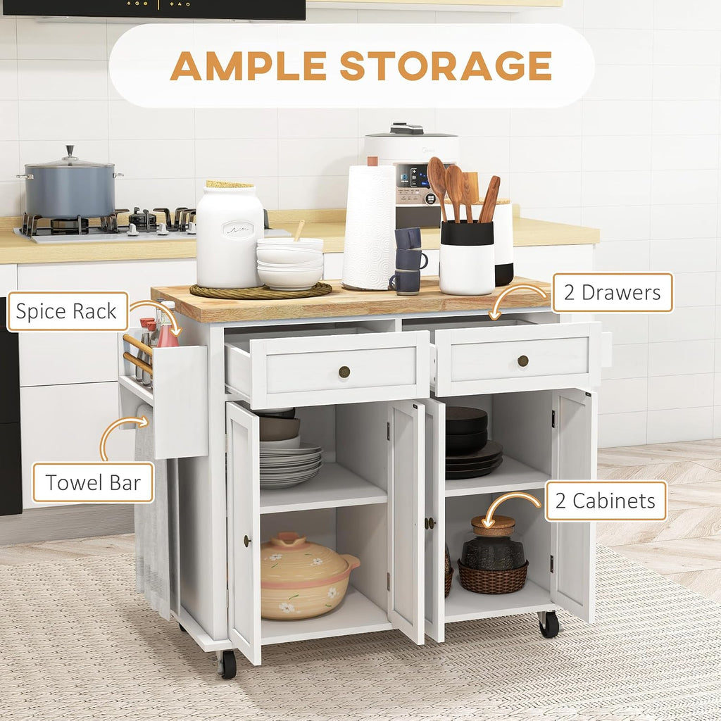 HOMCOM Kitchen Island Cart with Solid Wood Top, 44' Mobile Kitchen Island Table on Wheels with Storage Cabinets, 2 Drawers, Adjustable Shelves, Spice Rack & Towel Bar for Dining Room, Distressed White