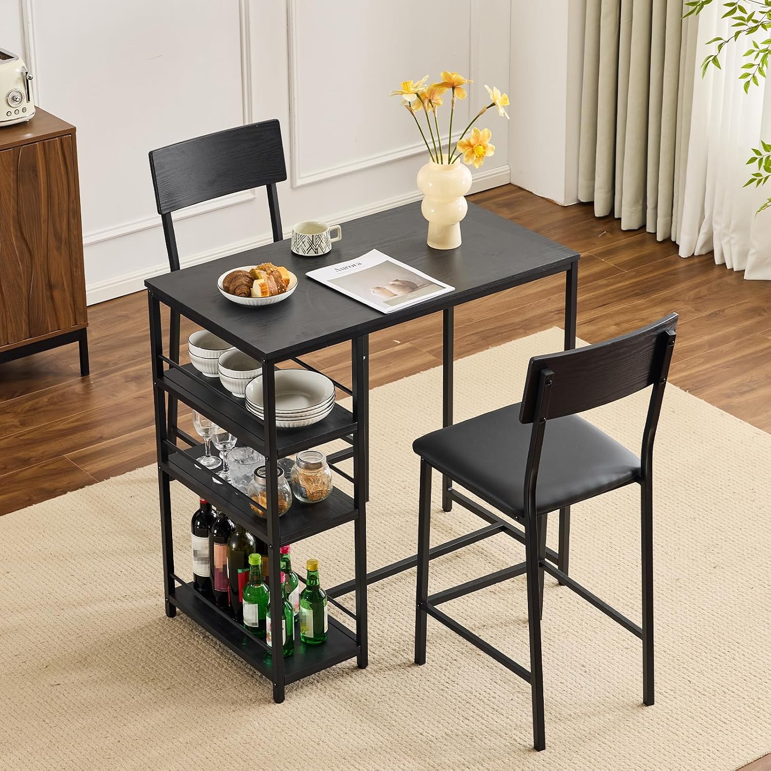 VINGLI Dining Table Set for 2, Kitchen Breakfast Counter Height Small 3 Piece Bar Table and Chairs Set with Storage, Black