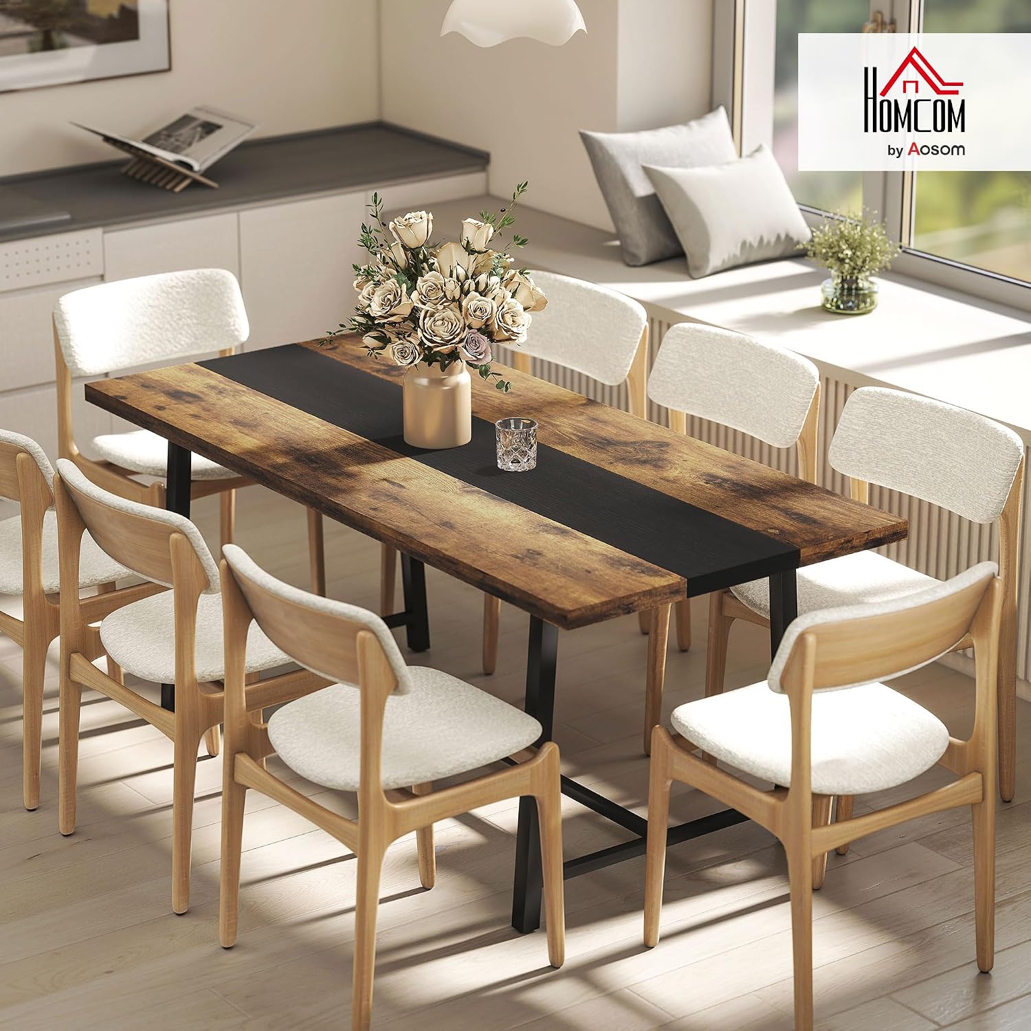 HOMCOM Industrial Dining Table for 8 People, 70.9' Long Rectangular Kitchen Table with Large Tabletop and Steel Legs for Dining Room, Rustic Brown