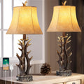Antler Table Lamps Set of 2 with USB A+C Ports 28' Tall Rustic Farmhouse Deer Bedside Lamps with Faux Leather Bell Shade for Bedroom Living Room Office Decor Western Cabin End Table Lamp, Pull Chain